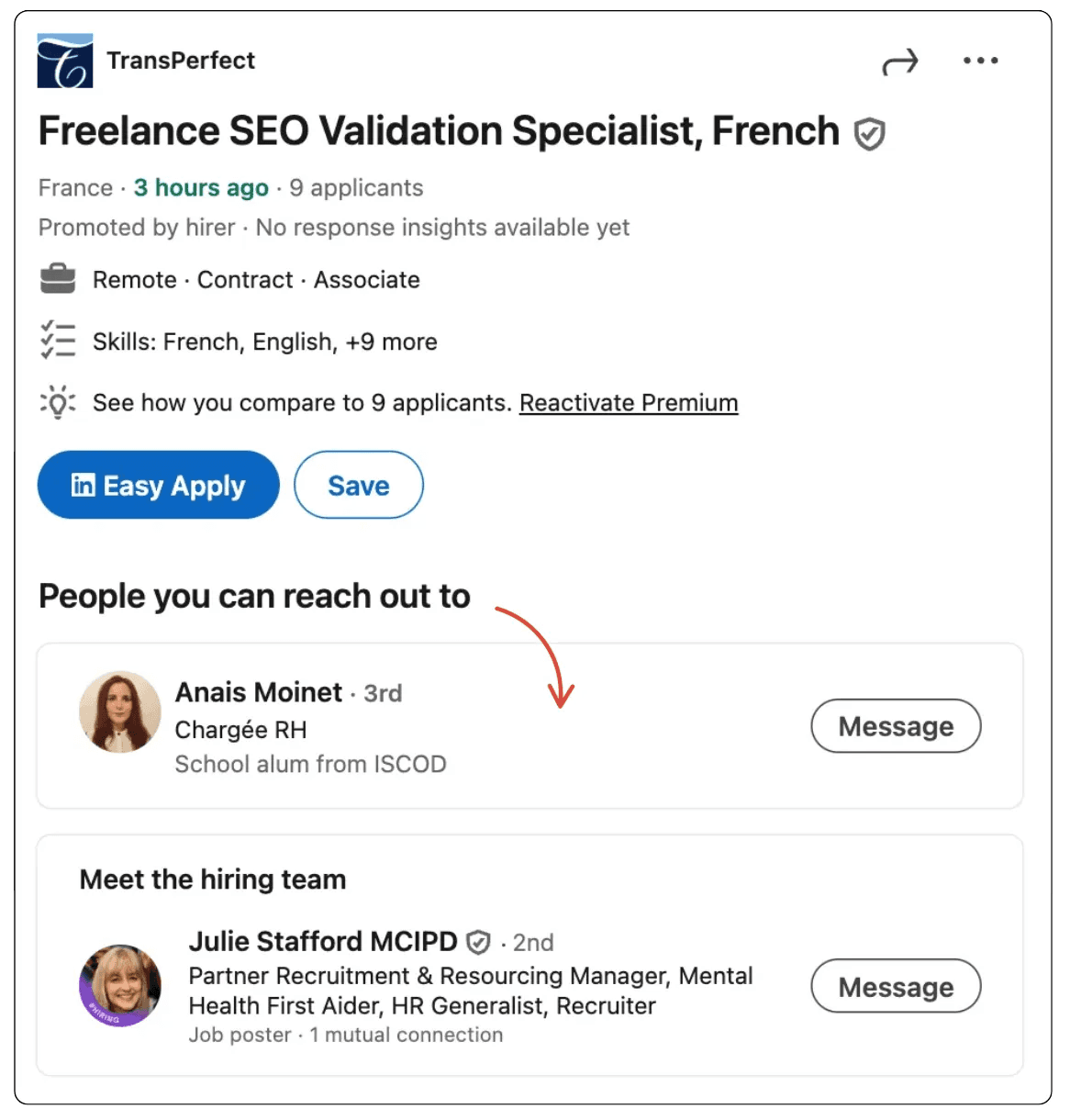 Examples of people to contact when applying for a job on LinkedIn