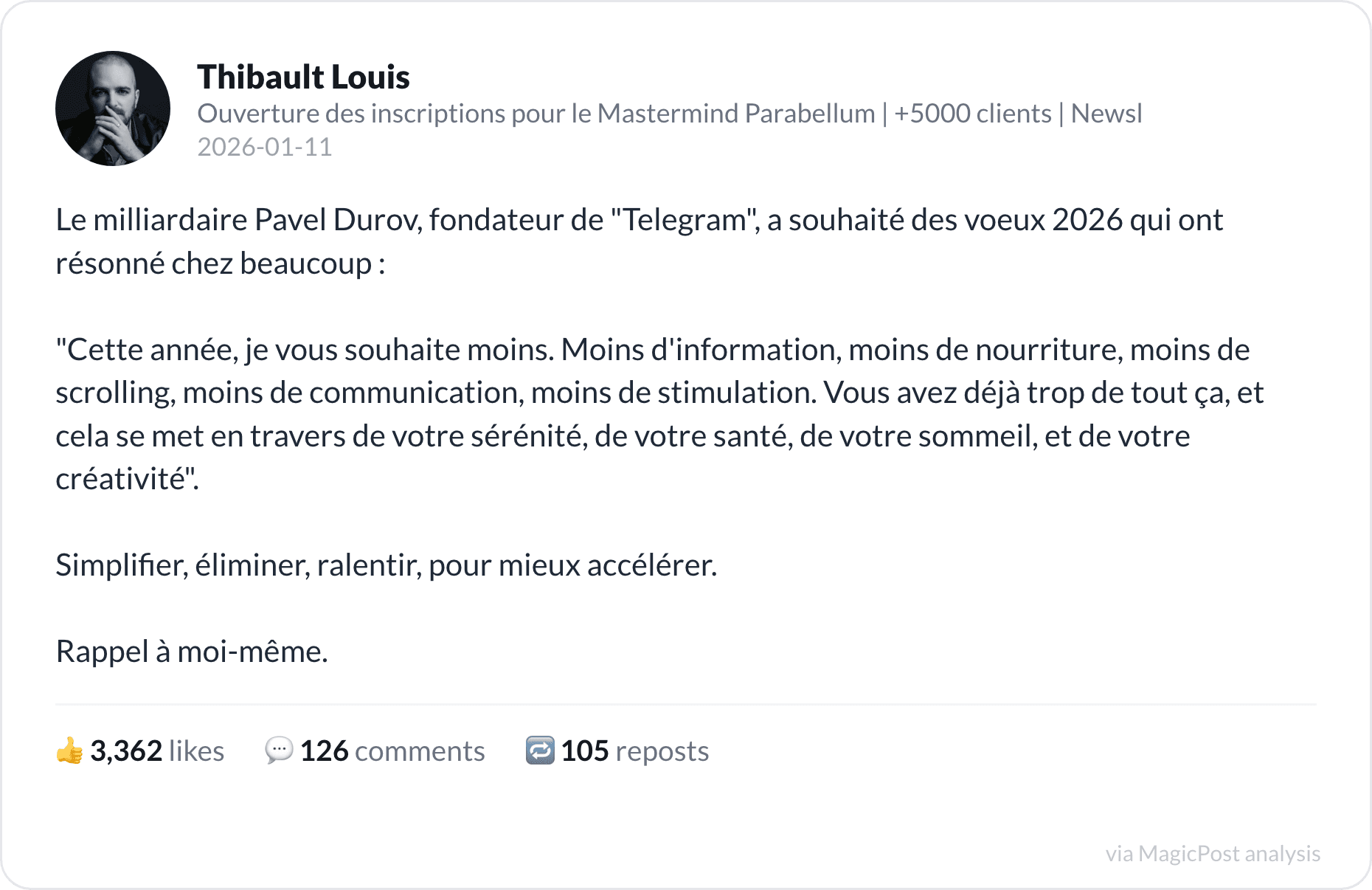 Thibault Louis's top 2026 post: Pavel Durov's "I wish you less" for 2026