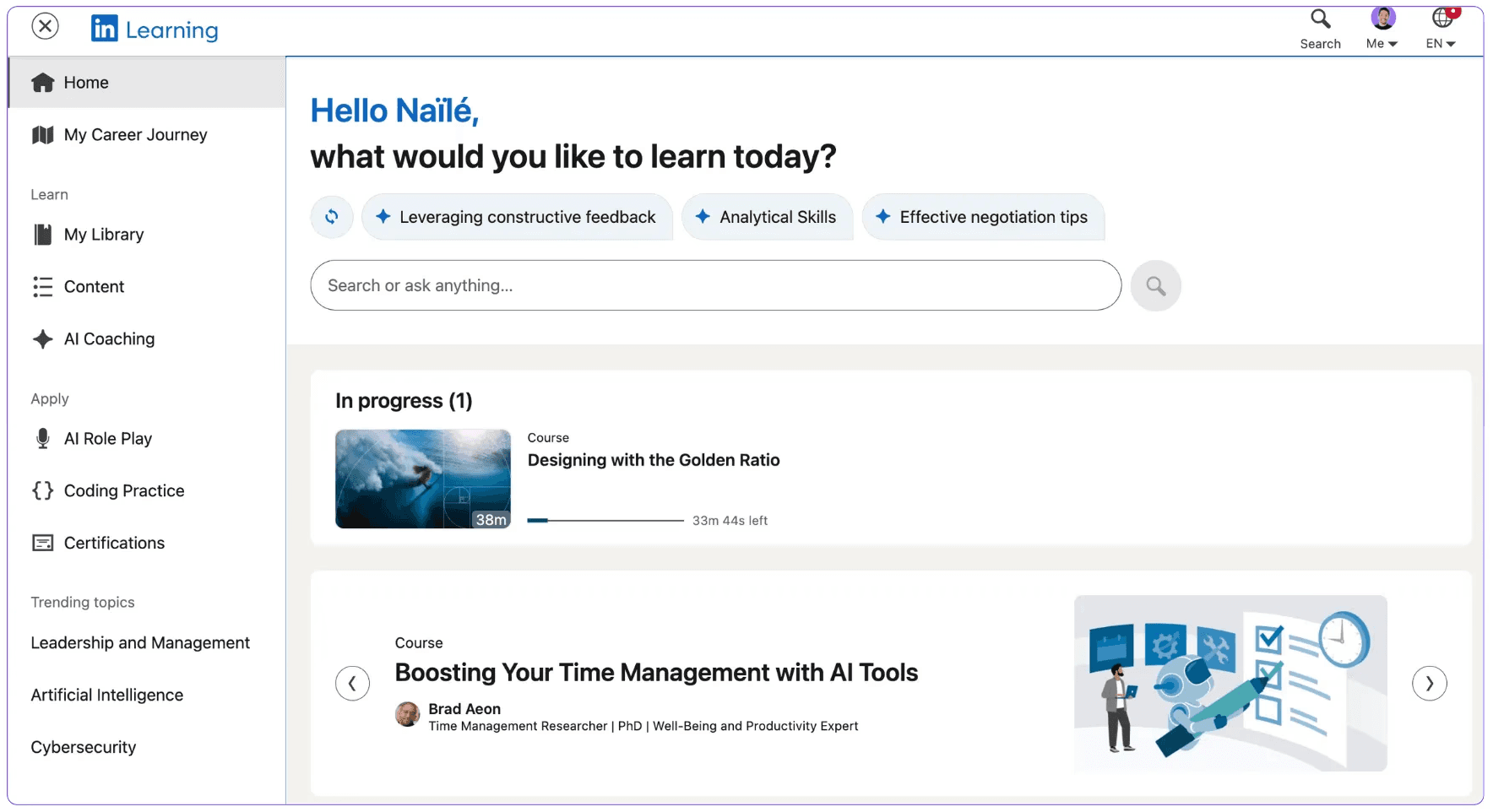 linkedin learnings main page