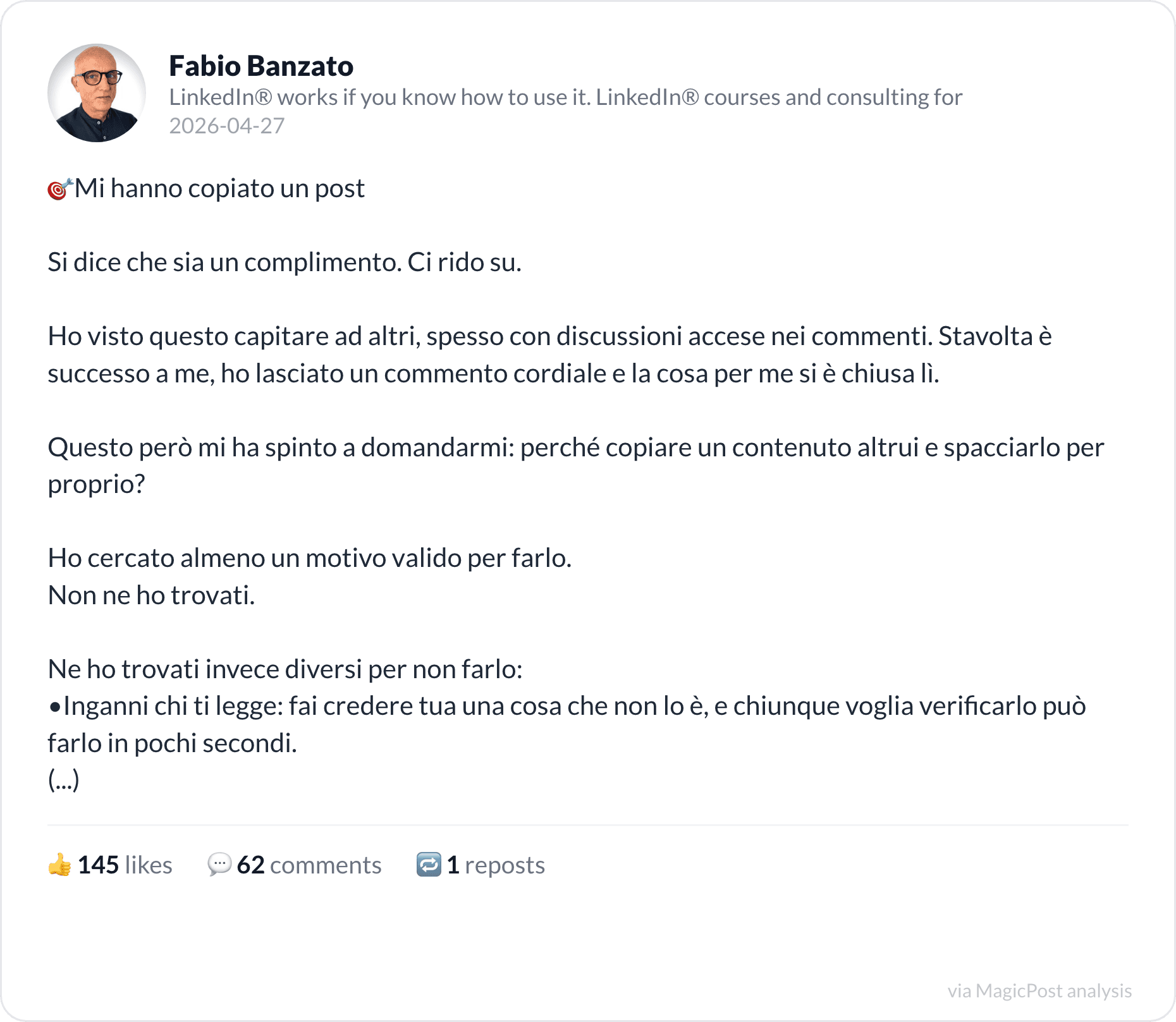 Fabio Banzato's post on being copied