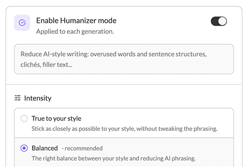 The Humanizer settings in MagicPost: a toggle to apply it on every generation, with three intensity levels (true to your style, balanced and recommended, maximum anti-detection)