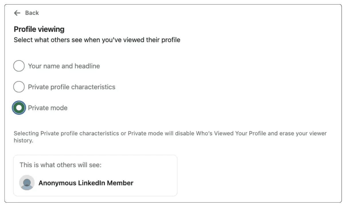 A screenshot of LinkedIn's profile viewing settings, with "private mode" checked