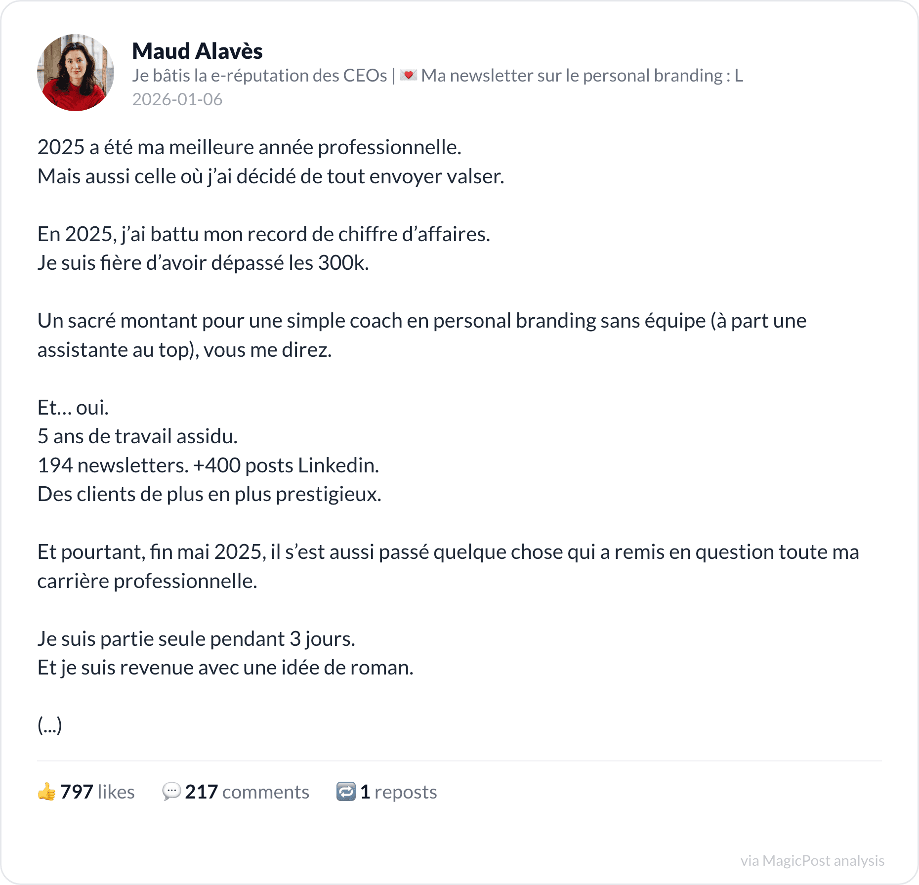 Maud Alaves 2026 top post: her best year, and deciding to walk away from it