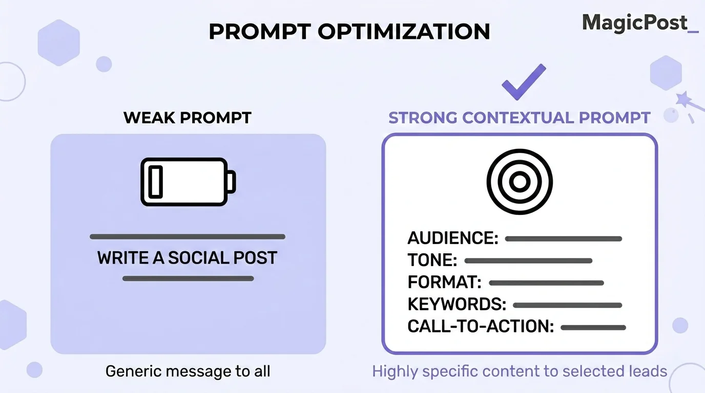 Infographic comparing a weak AI prompt versus a strong contextual prompt for writing LinkedIn posts