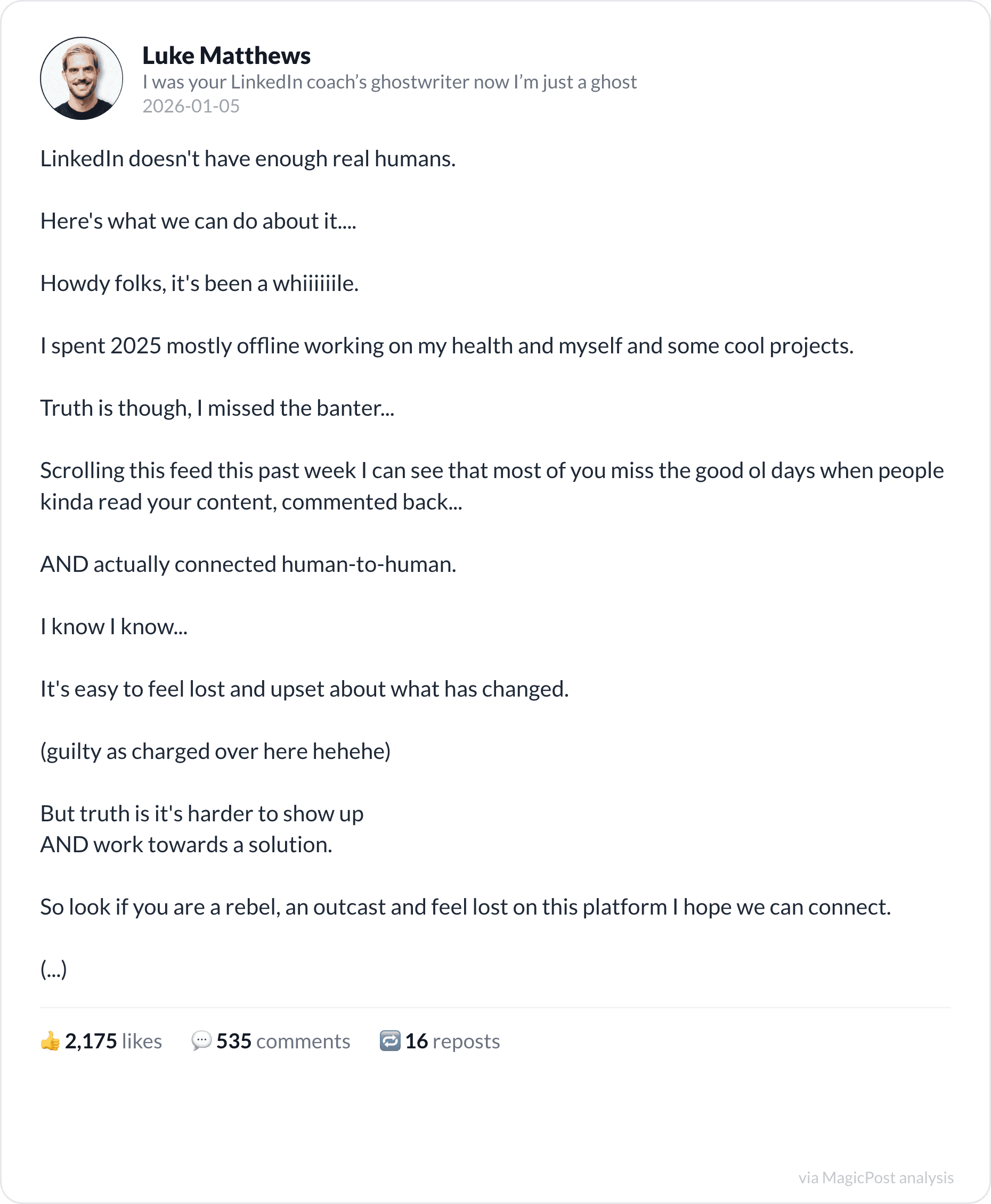 Luke Matthews's top 2026 post: LinkedIn needs more real humans