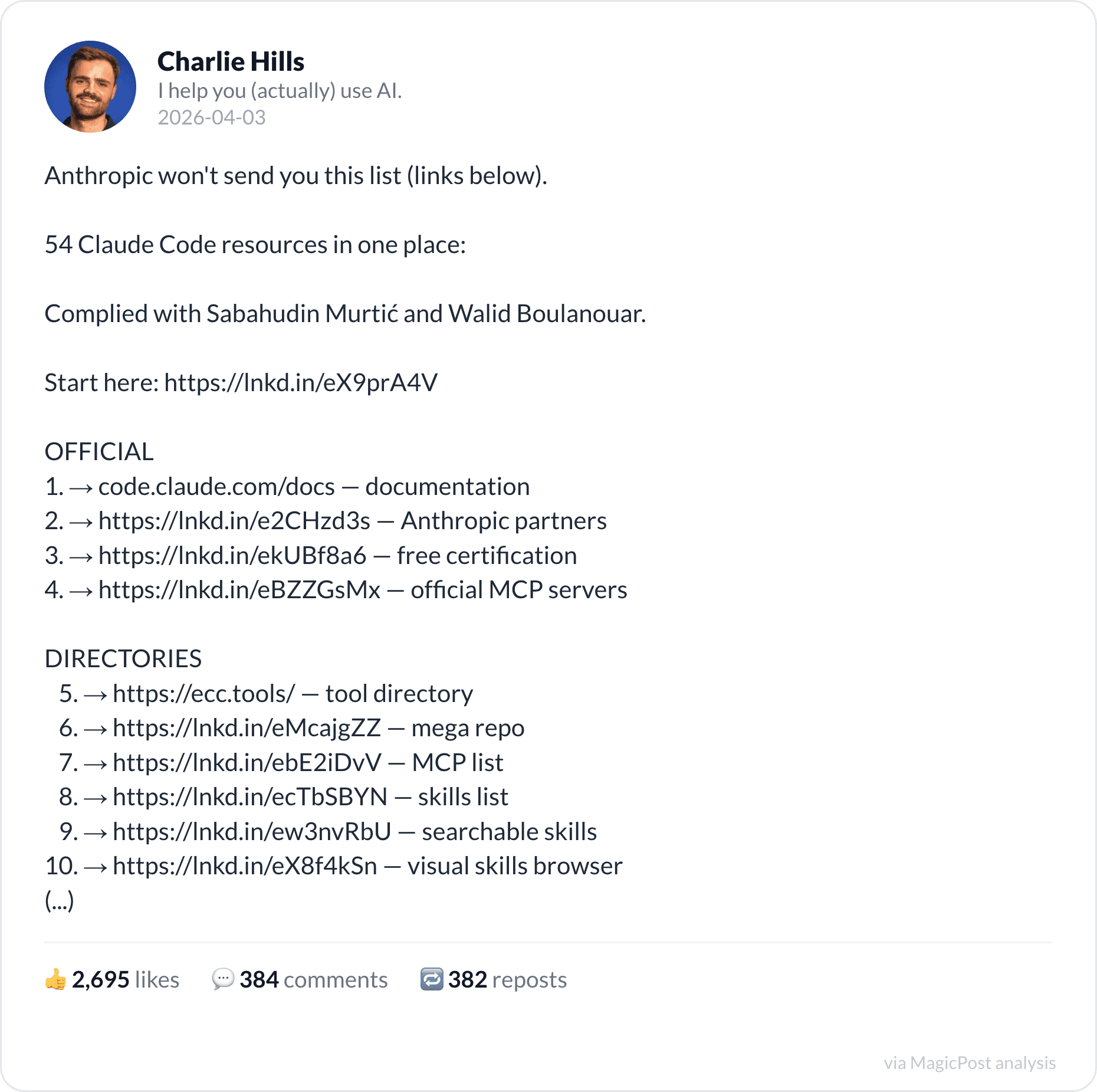 Charlie Hills's top 2026 post: 54 Claude Code resources