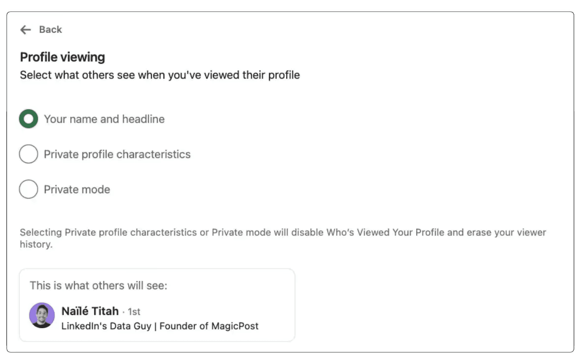 A screenshot of LinkedIn's profile viewing settings, with "your name and headline" privacy setting checked