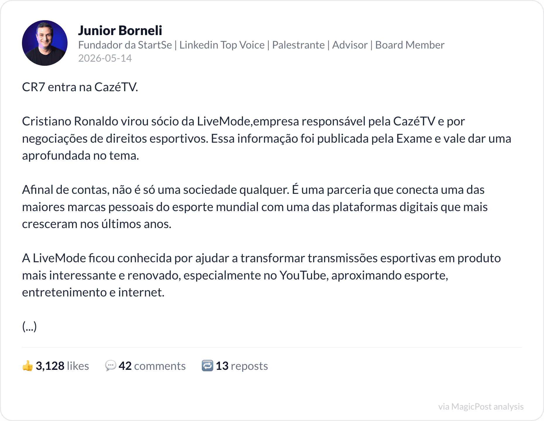 Junior Borneli's top 2026 post: Cristiano Ronaldo joins CazeTV