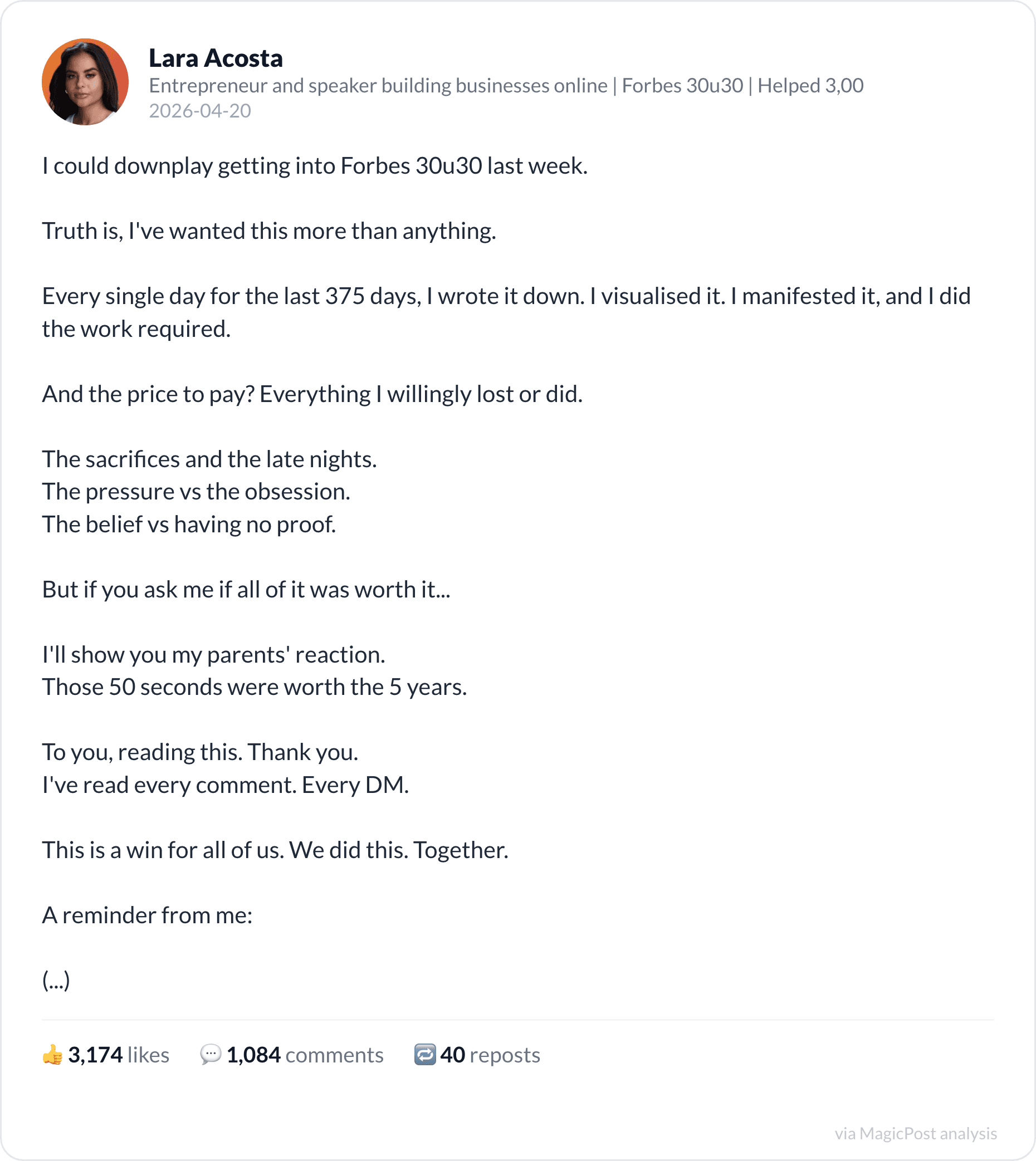 Lara Acosta reflecting on the price of the Forbes win