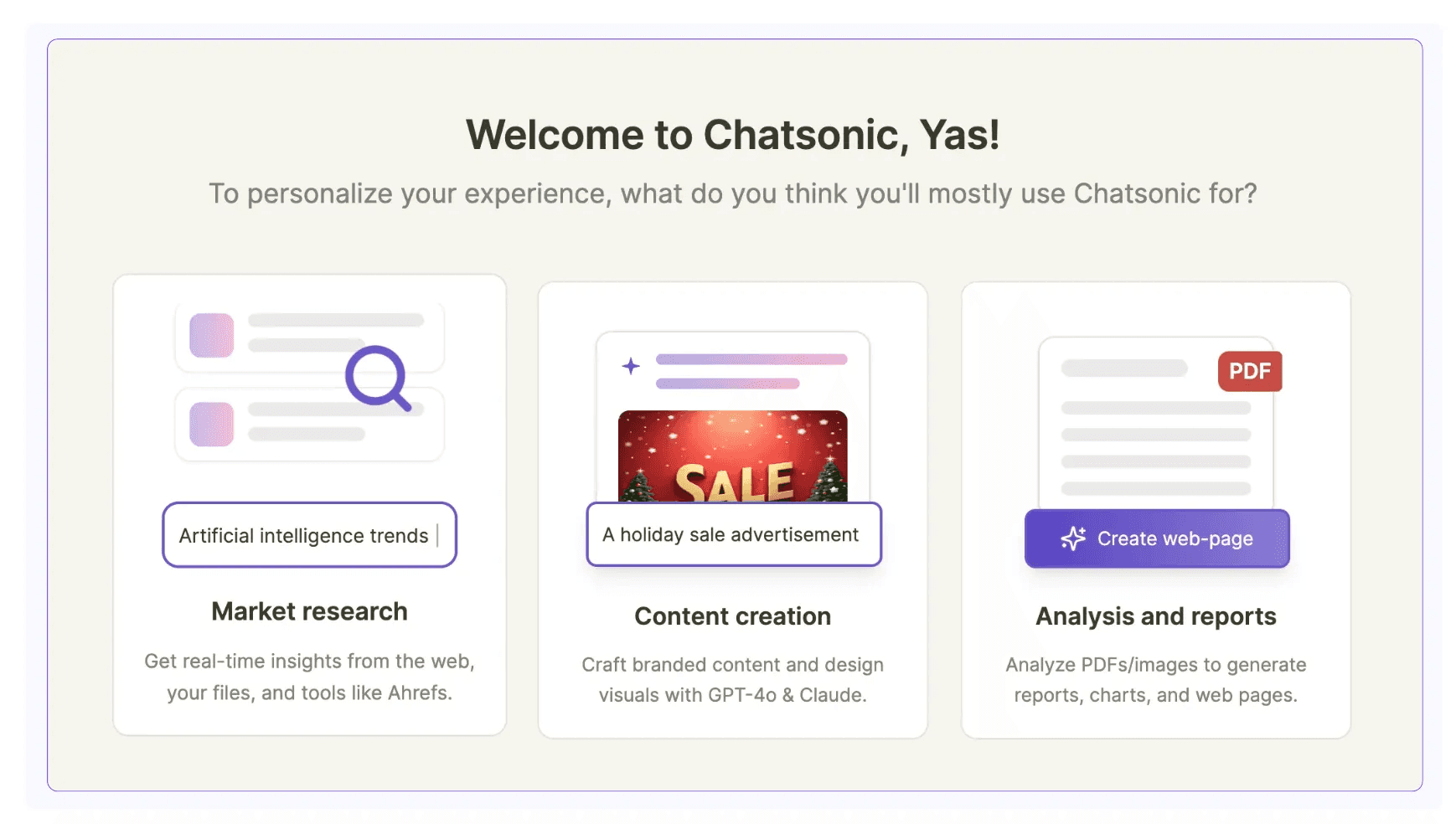 Revisión de ChatSonic: primera página con opciones
