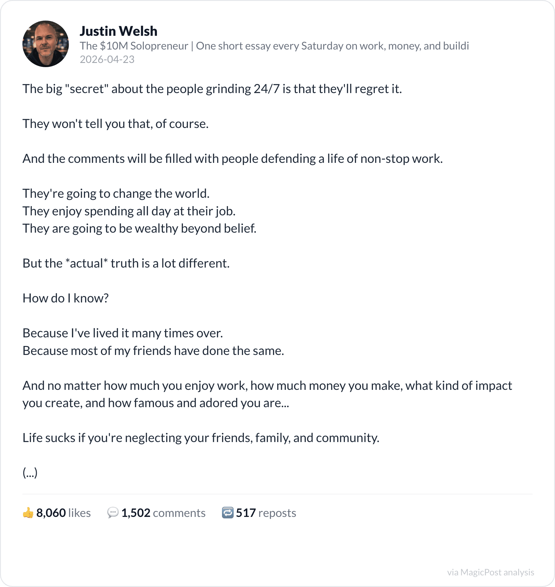 Justin Welsh on the 24/7 grind and regret