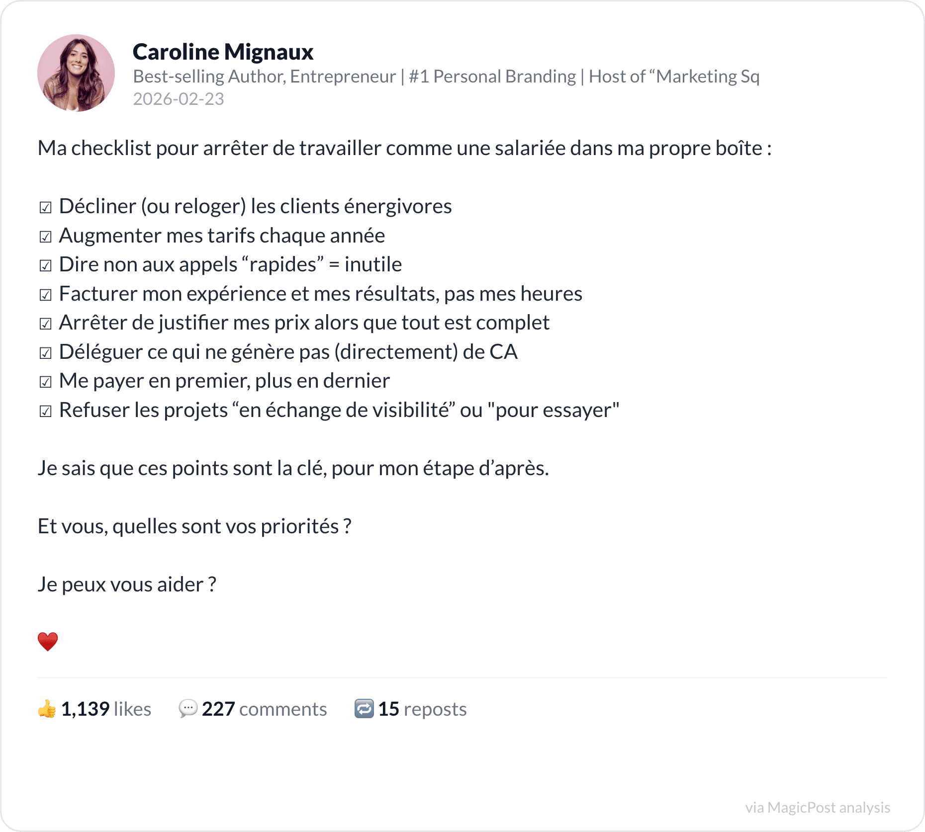Caroline Mignaux's checklist for not working like an employee in her own company