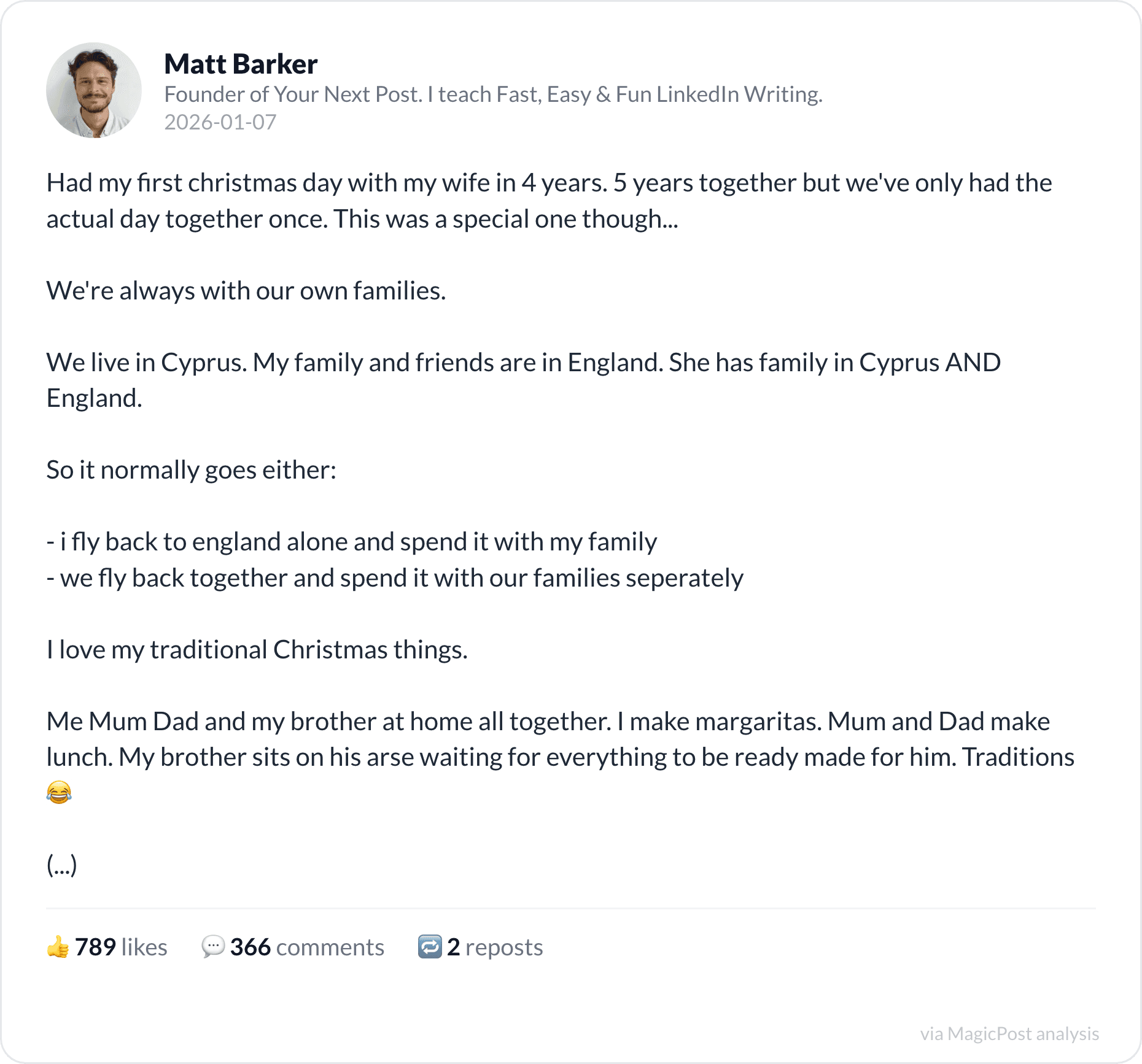 Matt Barker on his last Christmas as a couple