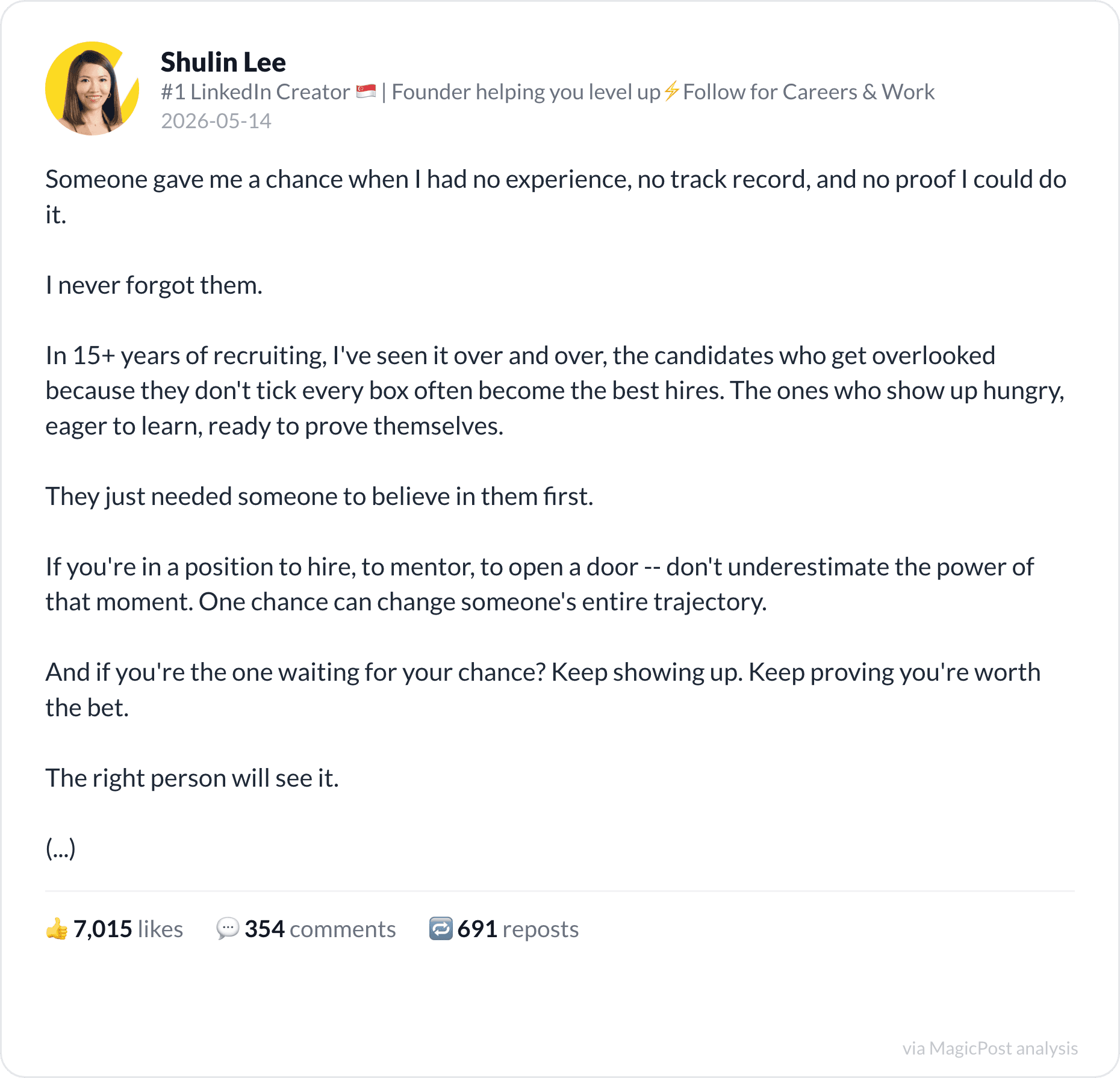 Shulin Lee's top 2026 post: someone gave me a chance