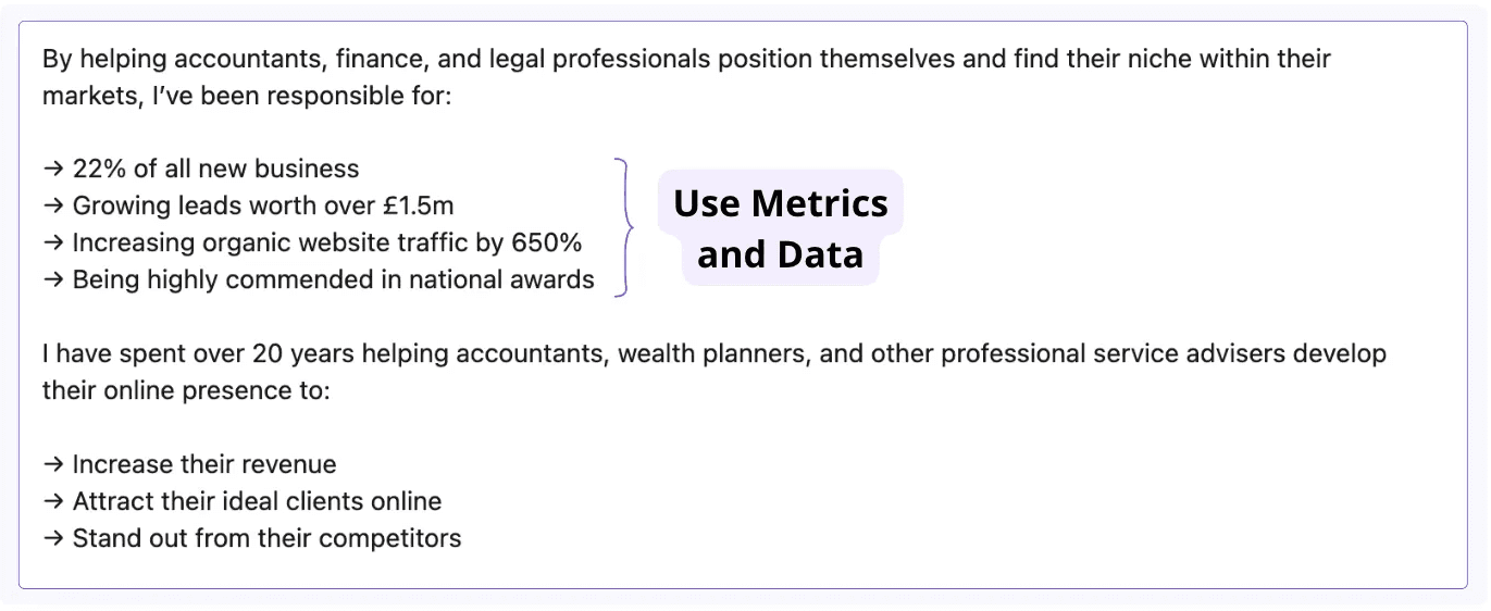 use metrics and data to write the perfect about me section on LinkedIn