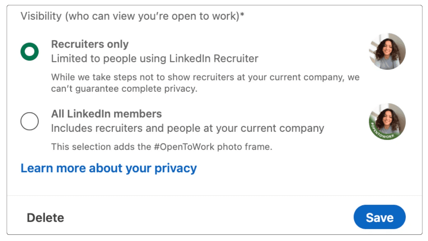 A screenshot of the two LinkedIn Open to Work visibility settings: Recruiters only and All LinkedIn Memberss