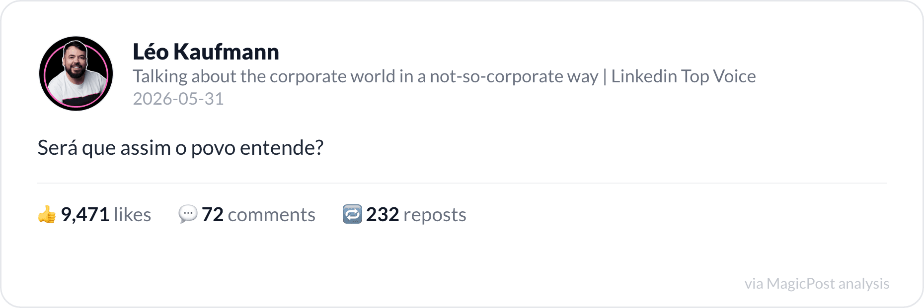 Léo Kaufmann's top 2026 post: a single line over shared content