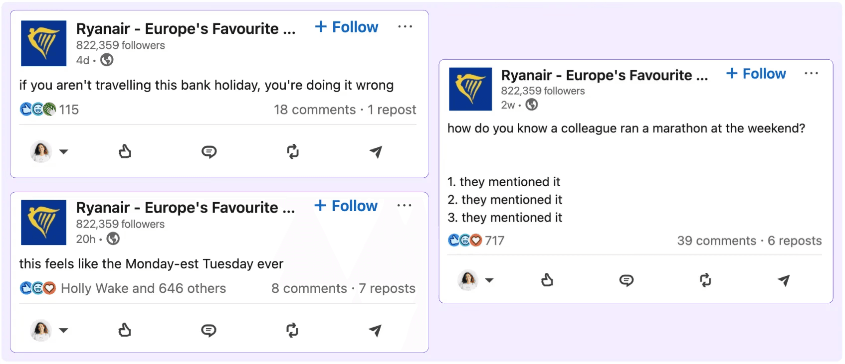 Example of a brand using humor within their posts, in this case Ryanair's posts