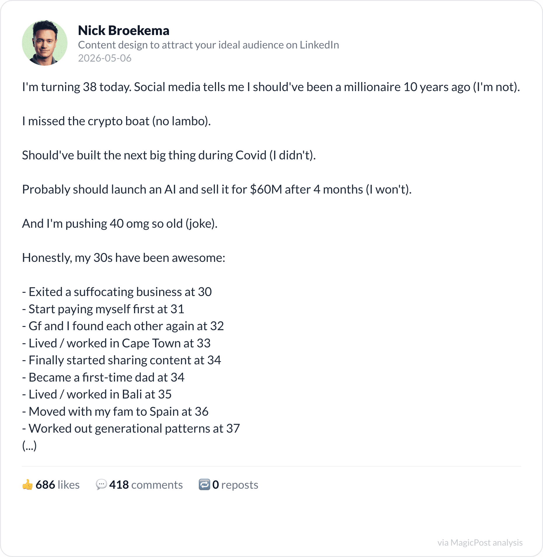 Nick Broekema's top 2026 post: turning 38 and feeling late