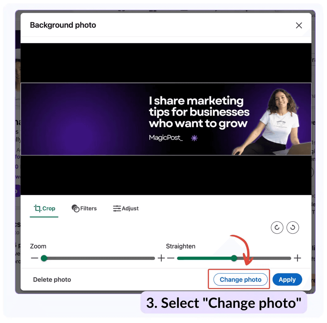 the second step to change your LinkedIn banner is to select change photo directly on LinkedIn