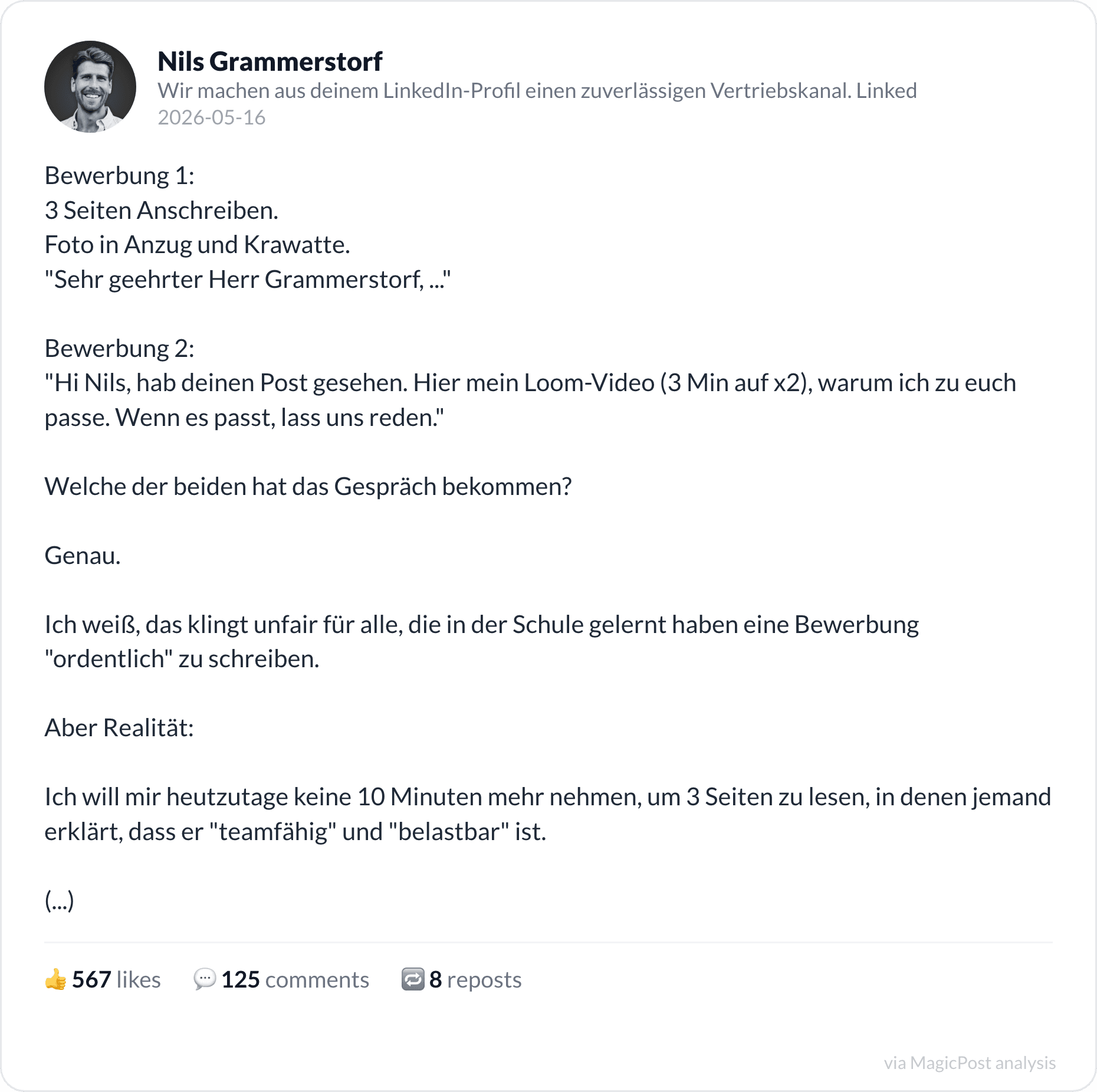 Nils Grammerstorf's 2026 post: two job applications compared