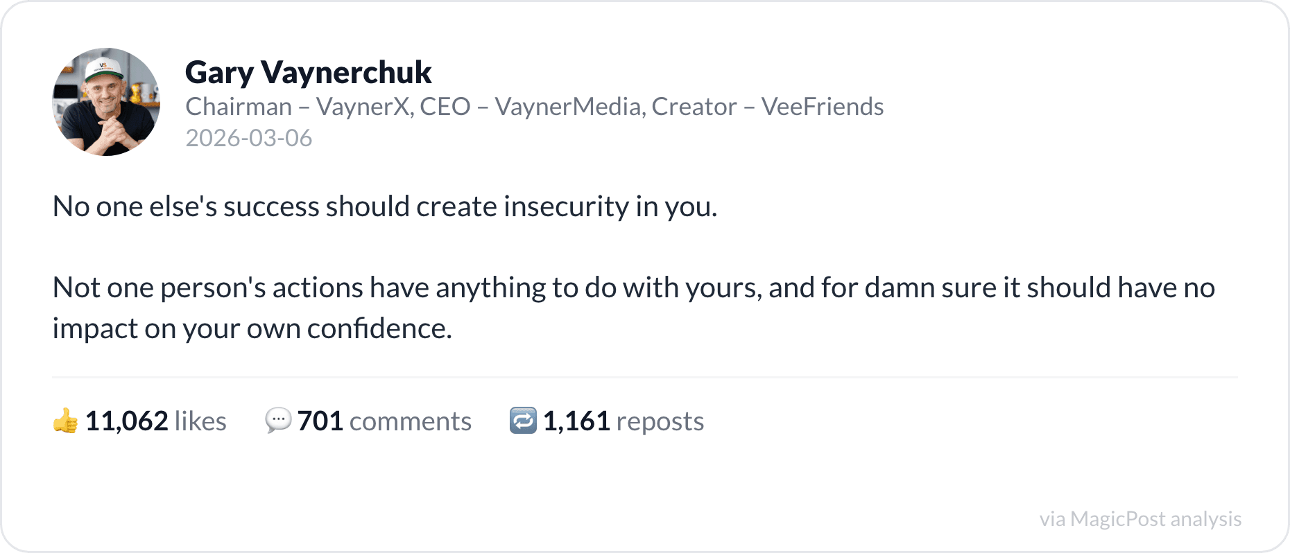 Gary Vaynerchuk's top 2026 post: no one else's success should create insecurity in you