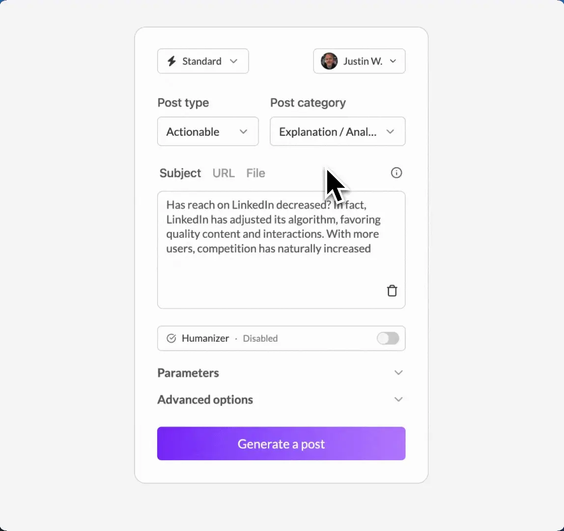 The MagicPost Humanizer in action: switch it on once and it runs on every generation, rewriting the templated turns while keeping your voice