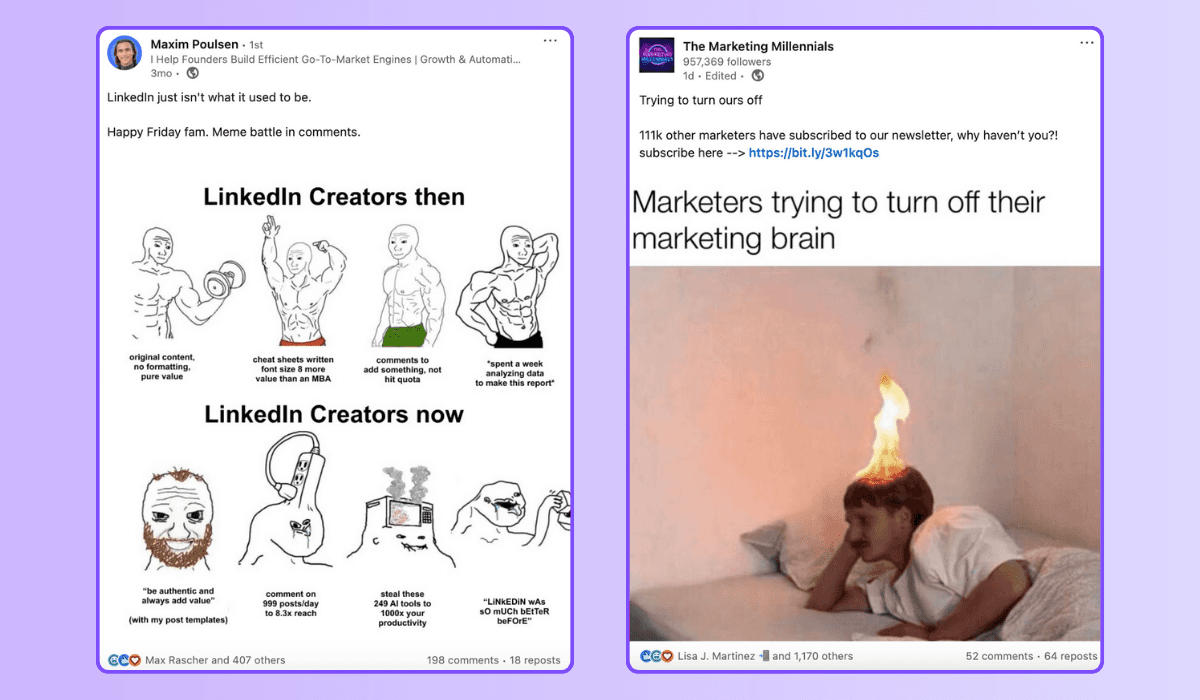 Example of using humor on LinkedIn posts with memes