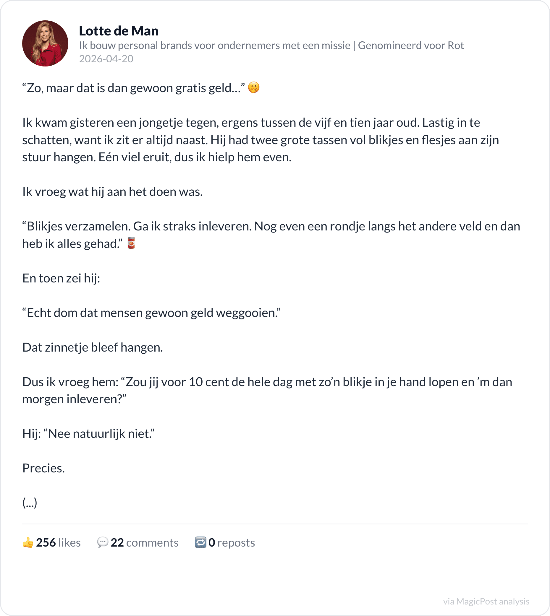Lotte de Man's 2026 post on a boy collecting cans