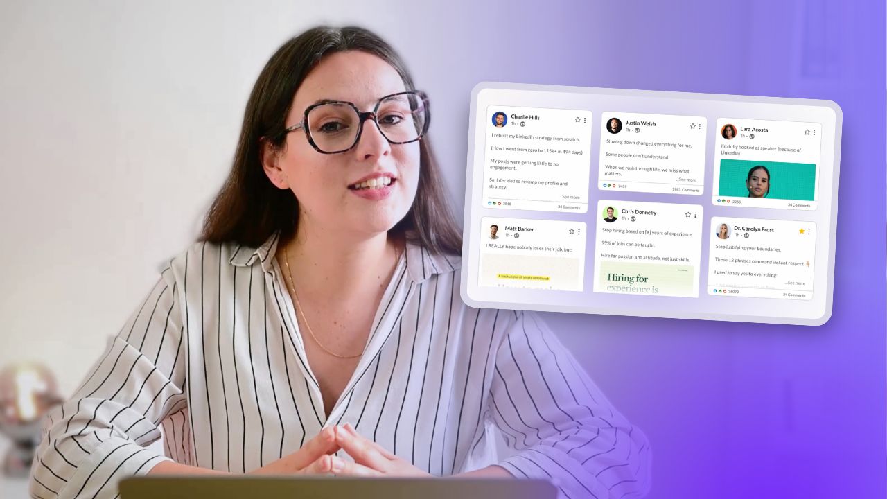 Diane devant le fil Inspirations : les posts de six créateurs suivis, avec leurs compteurs de réactions et de commentaires.