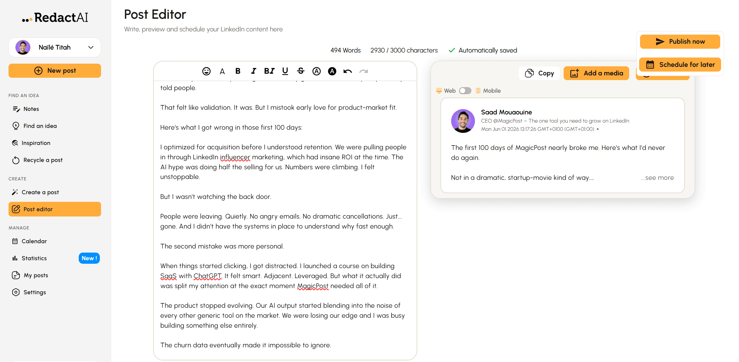 Editor de publicaciones de LinkedIn de RedactAI