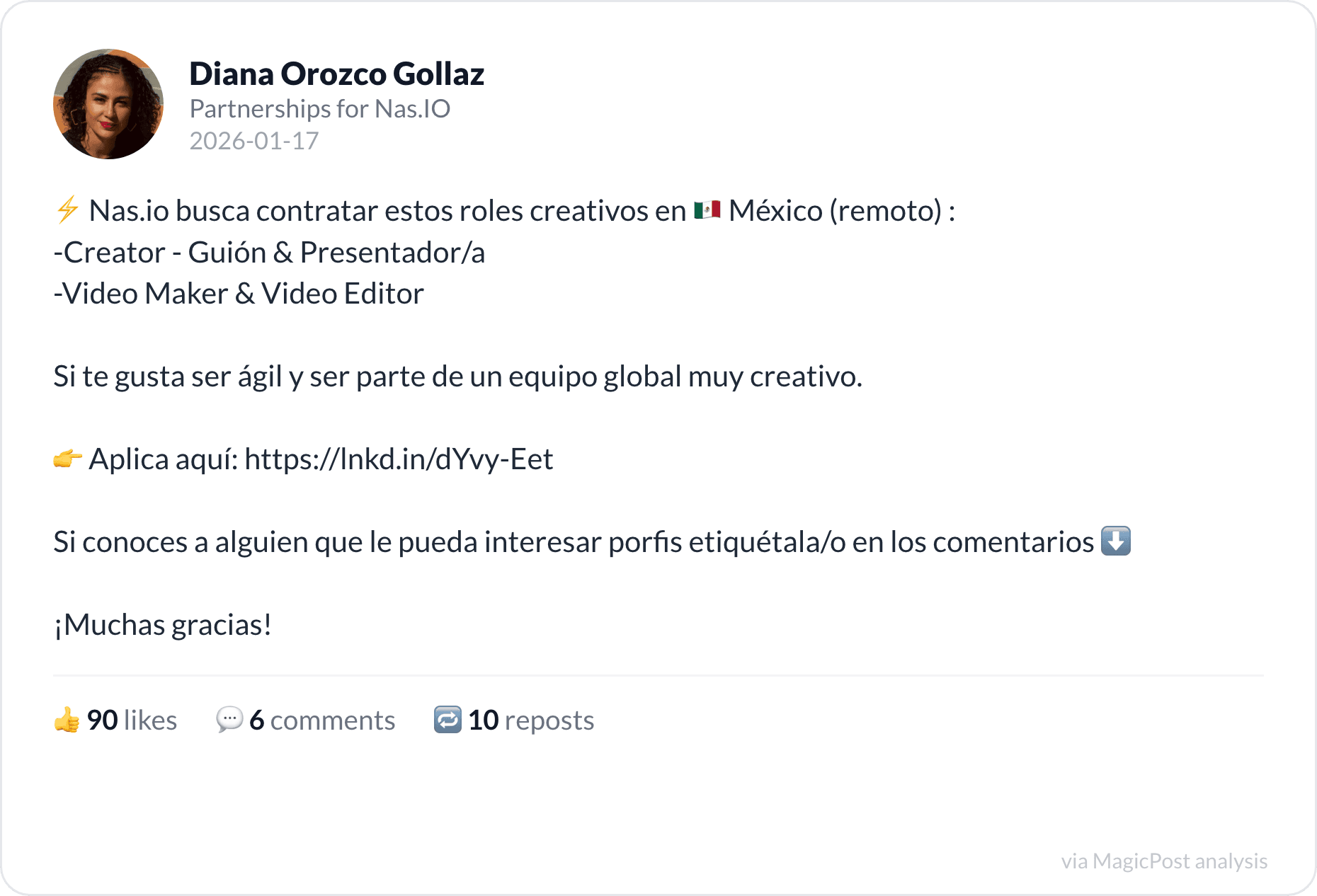 Diana Orozco Gollaz's top 2026 post: Nas.io is hiring creative roles in Mexico