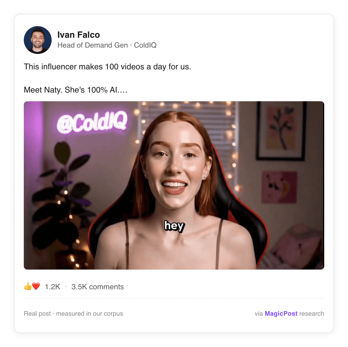 Ivan Falco, Head of Demand Gen de ColdIQ, en un post de LinkedIn presentando a Naty, una influencer 100% IA que gestiona la agencia