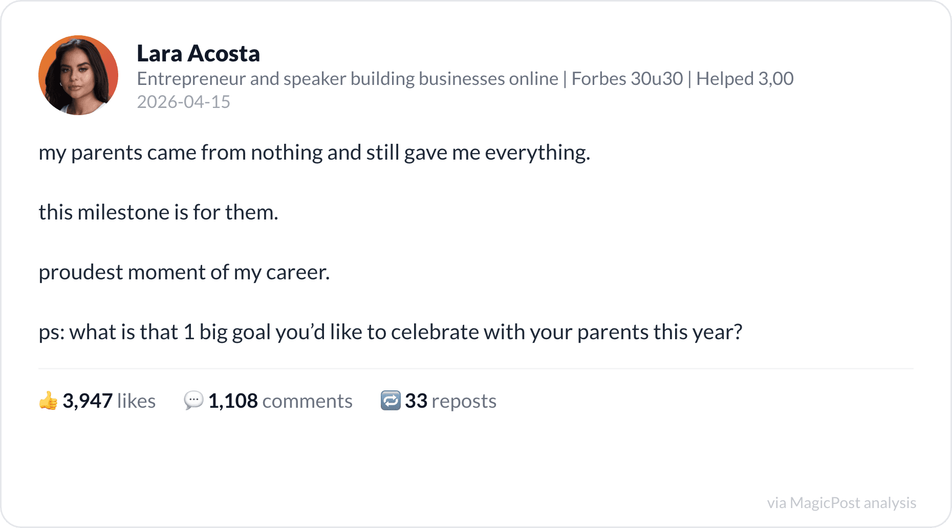 Lara Acosta's top 2026 post: a milestone dedicated to her parents