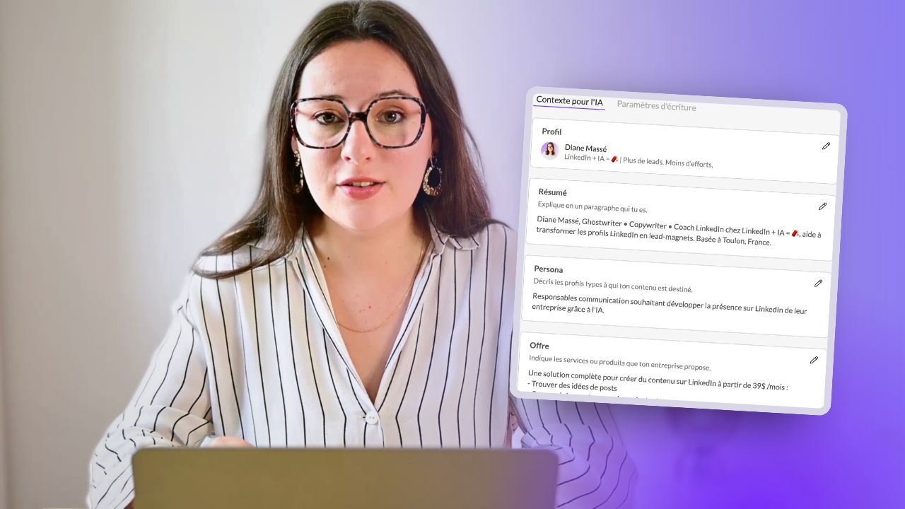 Diane devant l'onglet Contexte pour l'IA, avec les champs Profil, Résumé, Persona et Offre remplis.