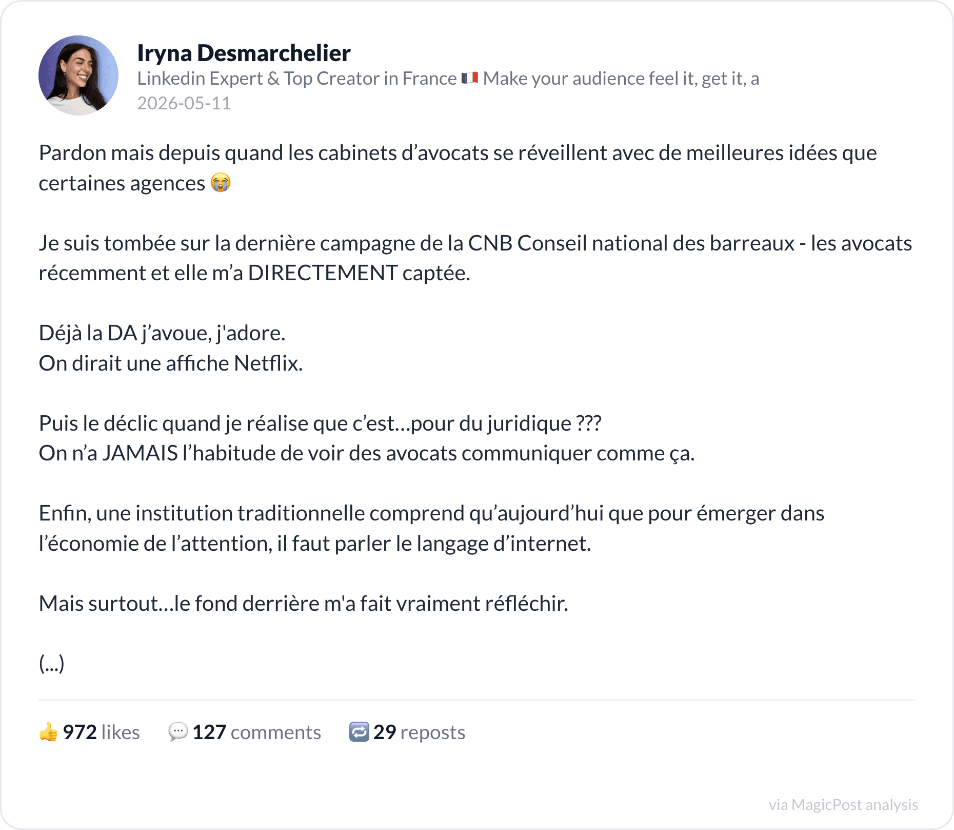 Iryna Desmarchelier on a French lawyers' campaign that out-creatived ad agencies