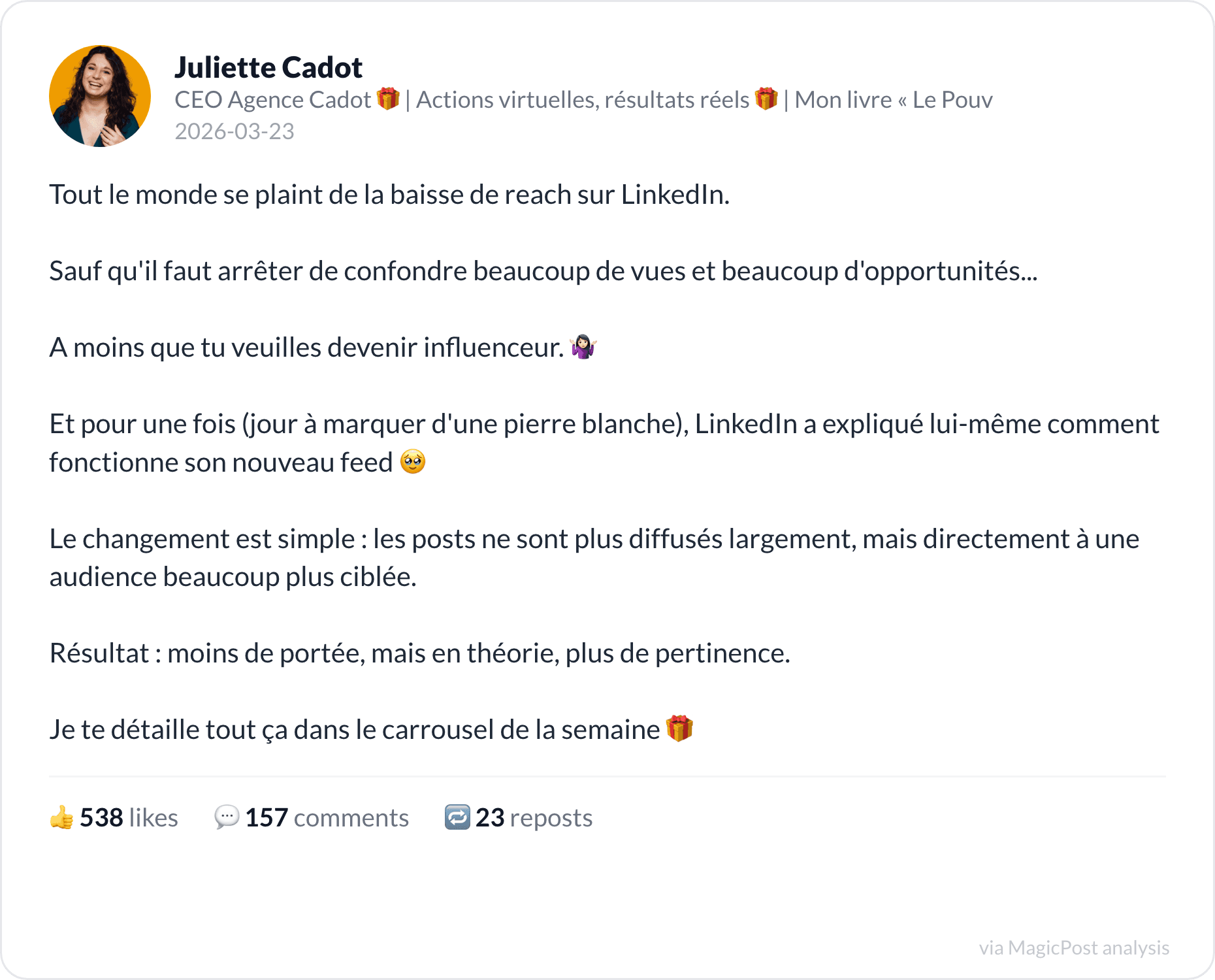Juliette Cadot on LinkedIn reach and the new feed