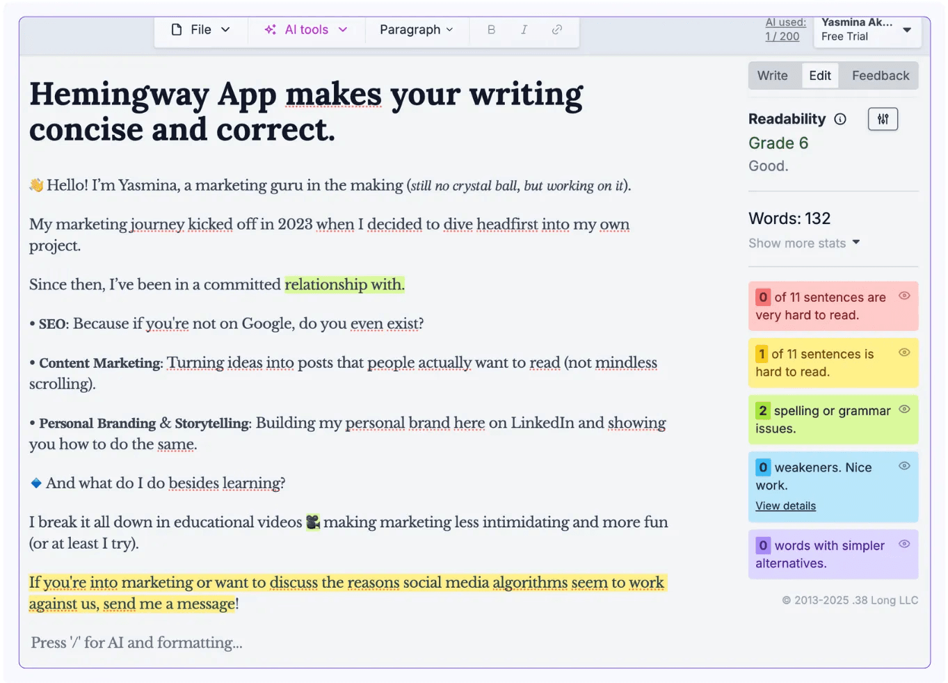 use Hemingway app to check your LinkedIn summary