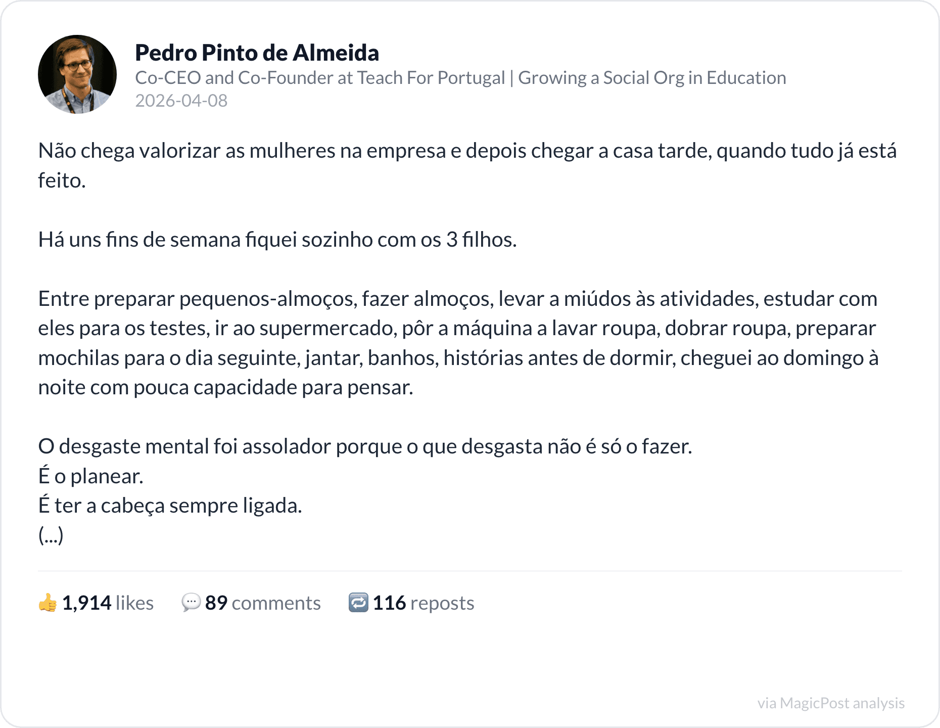 Pedro Pinto de Almeida's top 2026 post: the invisible mental load at home