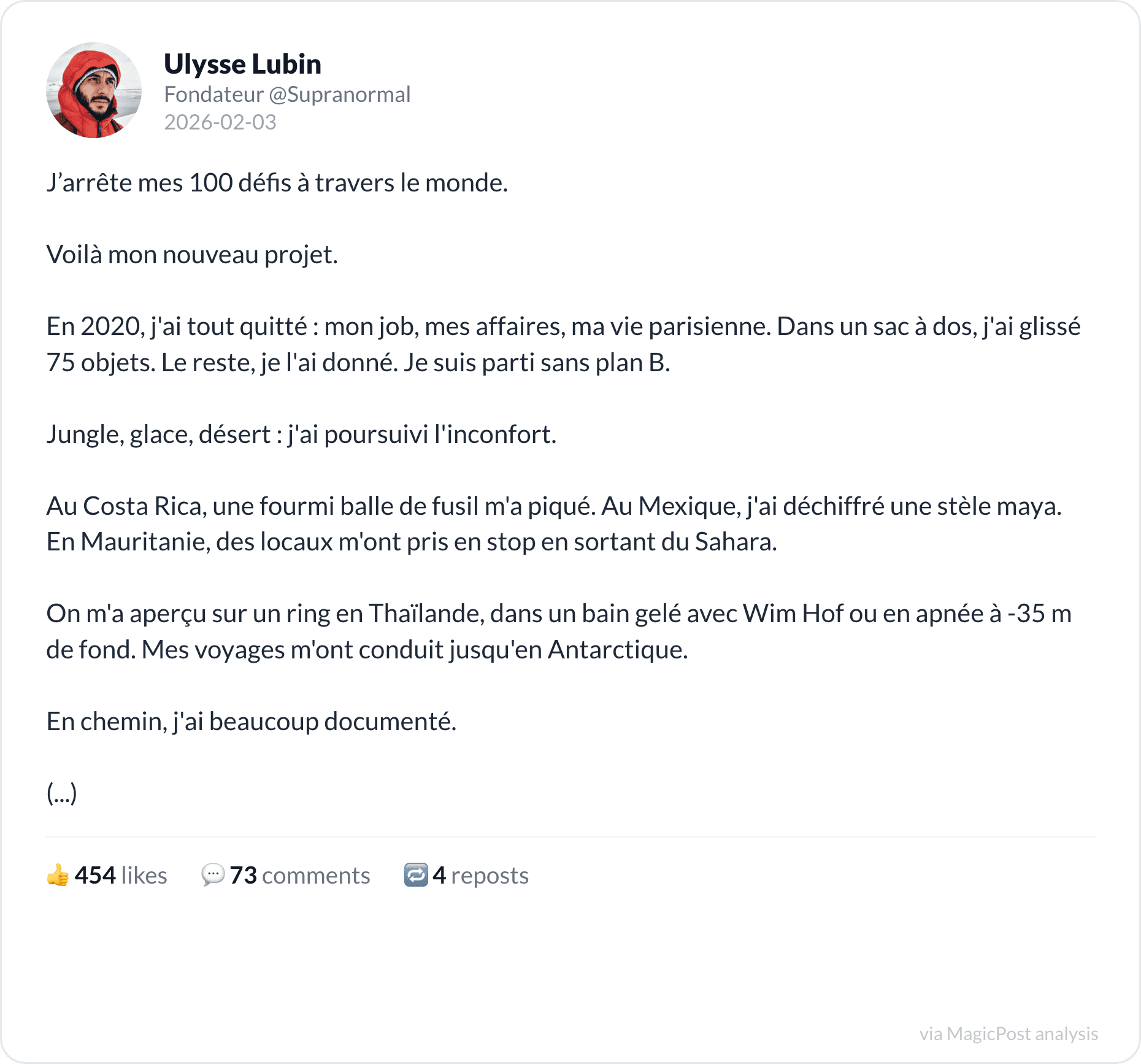 Ulysse Lubin's post announcing the end of his 100 challenges