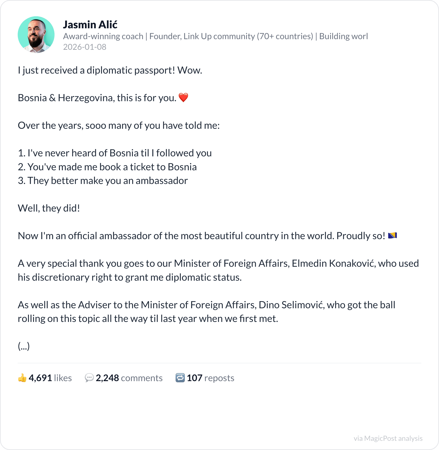 Jasmin Alić's diplomatic passport announcement