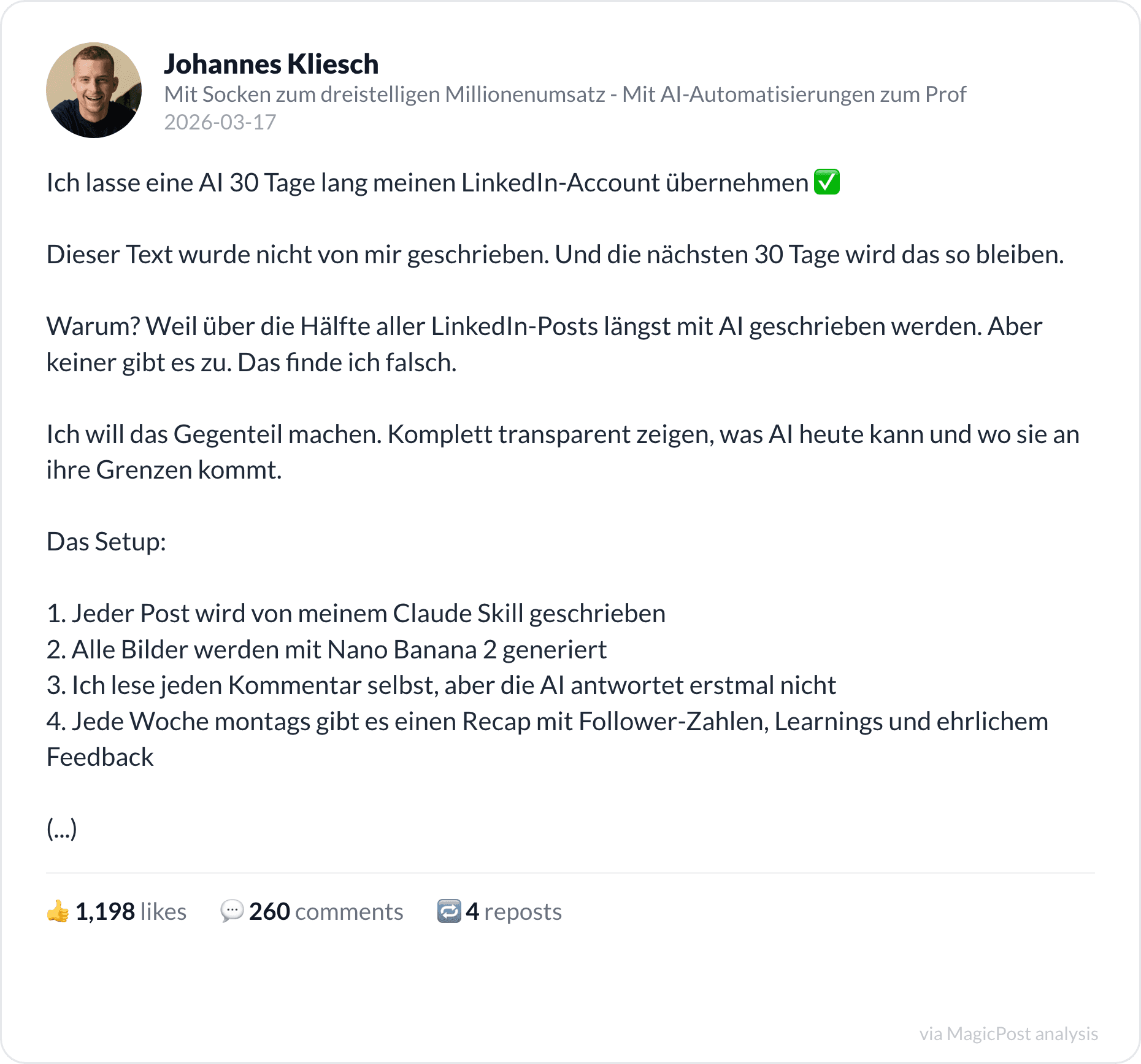 Johannes Kliesch's post: letting an AI run his LinkedIn for 30 days