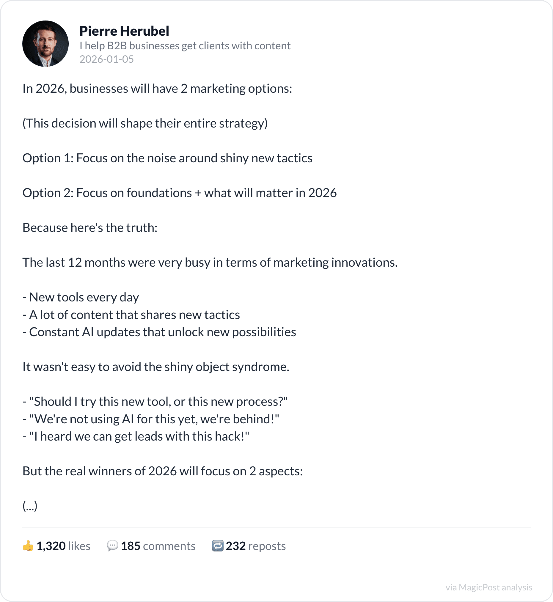 Pierre Herubel's top 2026 post: the two marketing options for 2026