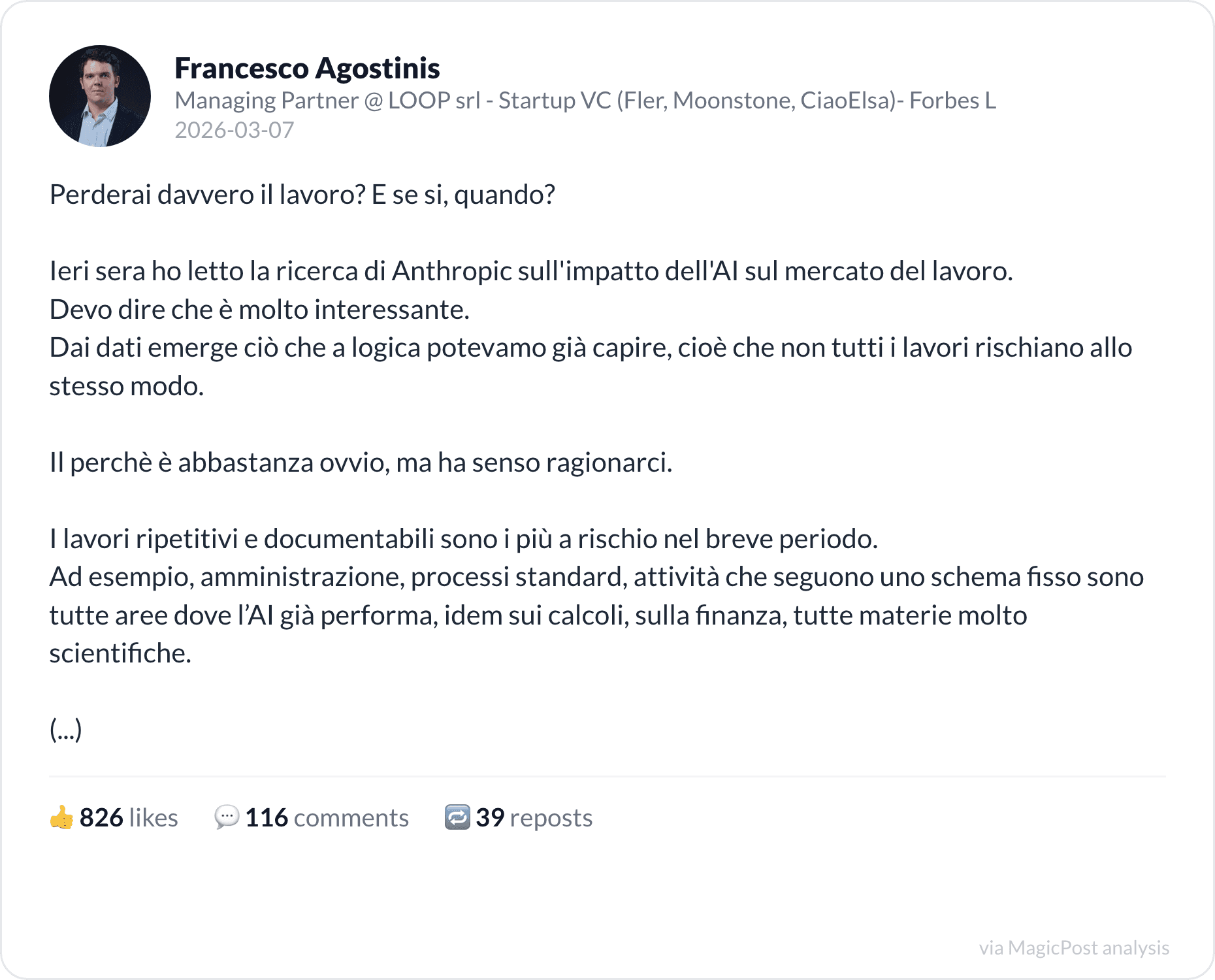 Francesco Agostinis's top 2026 post: will AI take your job
