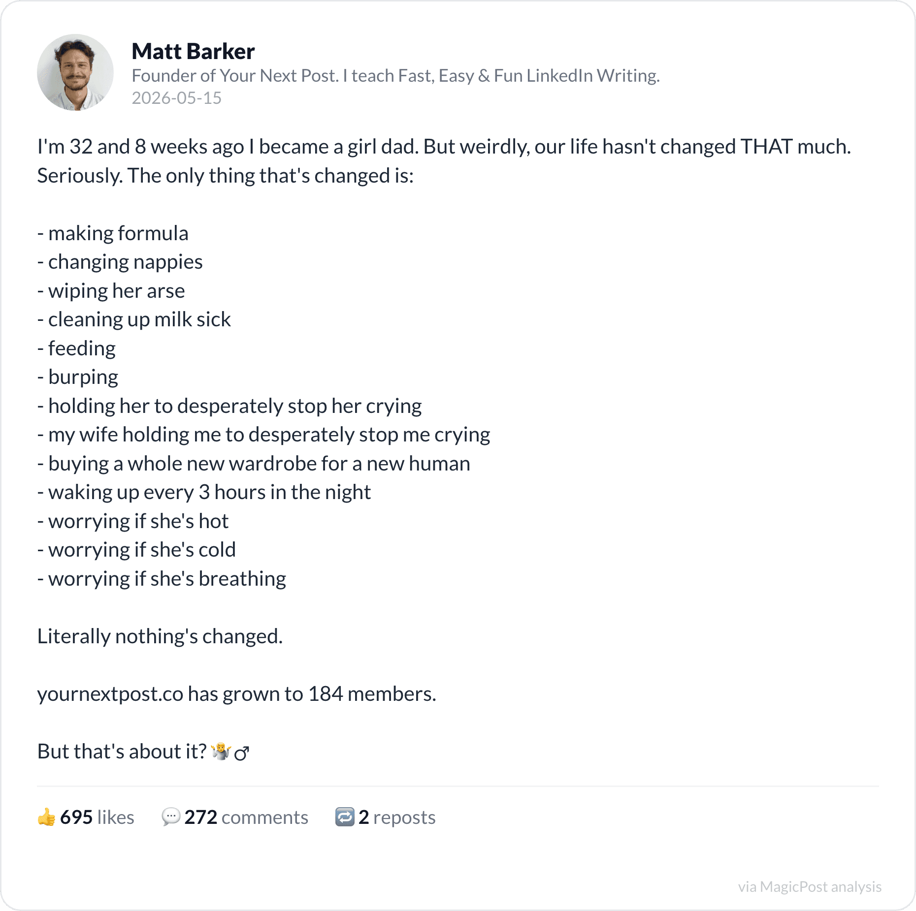 Matt Barker on becoming a girl dad
