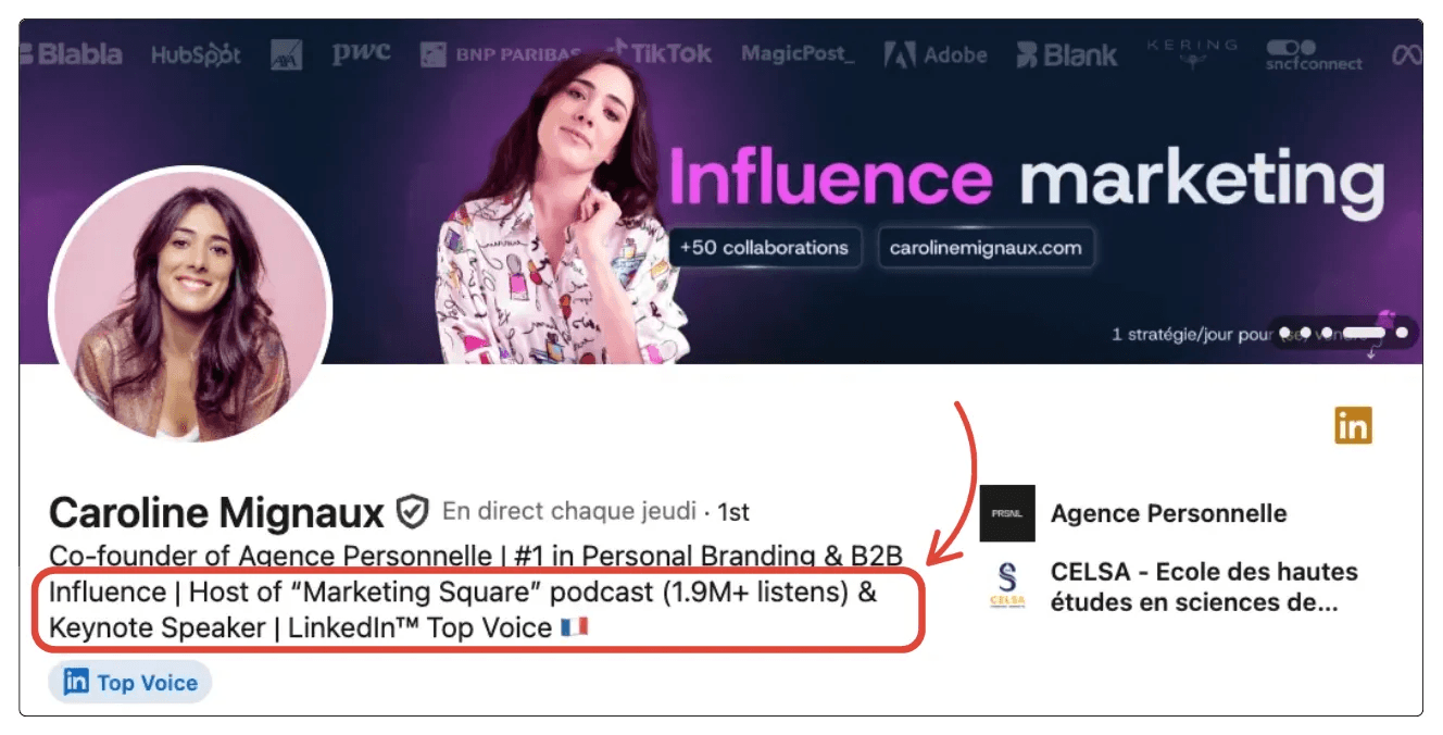 Example of keywords in a profile optimised to find job on LinkedIn