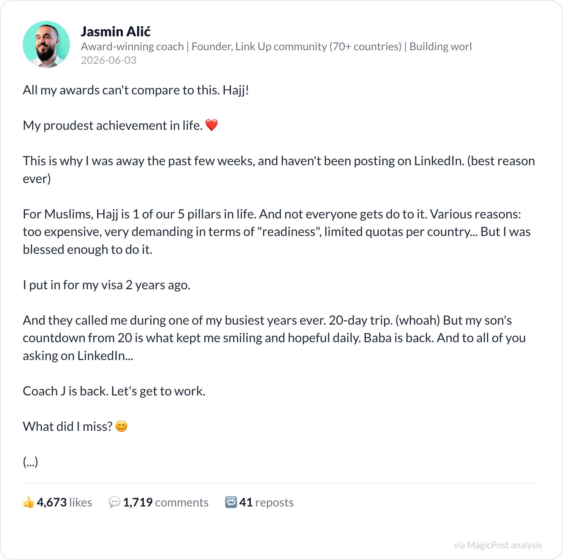 Jasmin Alić's return from Hajj