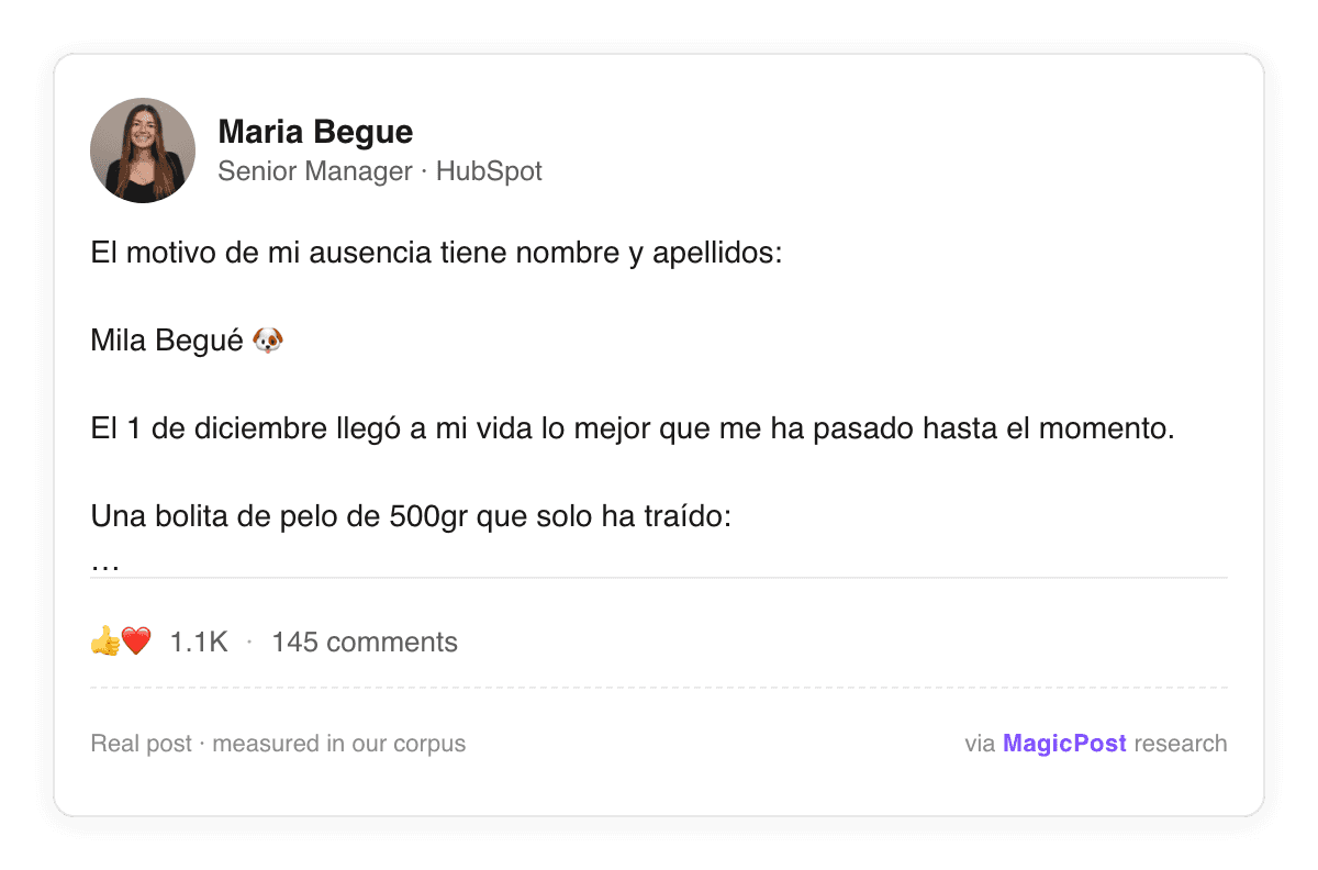 Maria Begue, a HubSpot senior manager in Spain, in a Spanish-language LinkedIn post introducing her new puppy