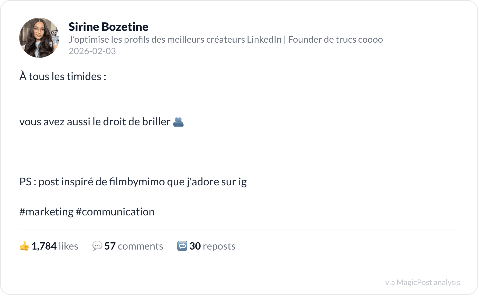 Sirine Bozetine's top 2026 post: to all the shy ones, you have the right to shine too