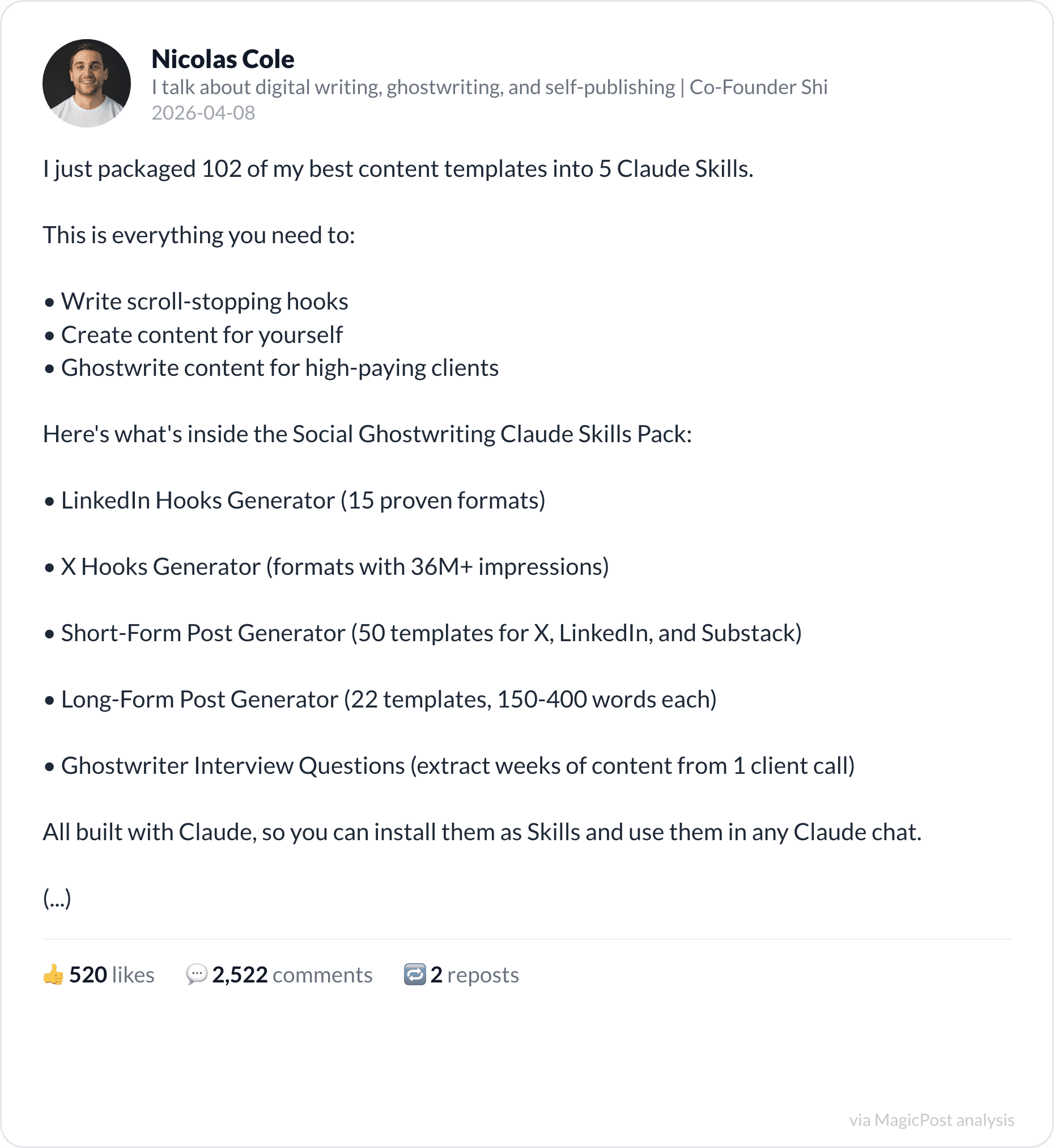 Nicolas Cole's top 2026 post: 102 content templates packaged as Claude Skills